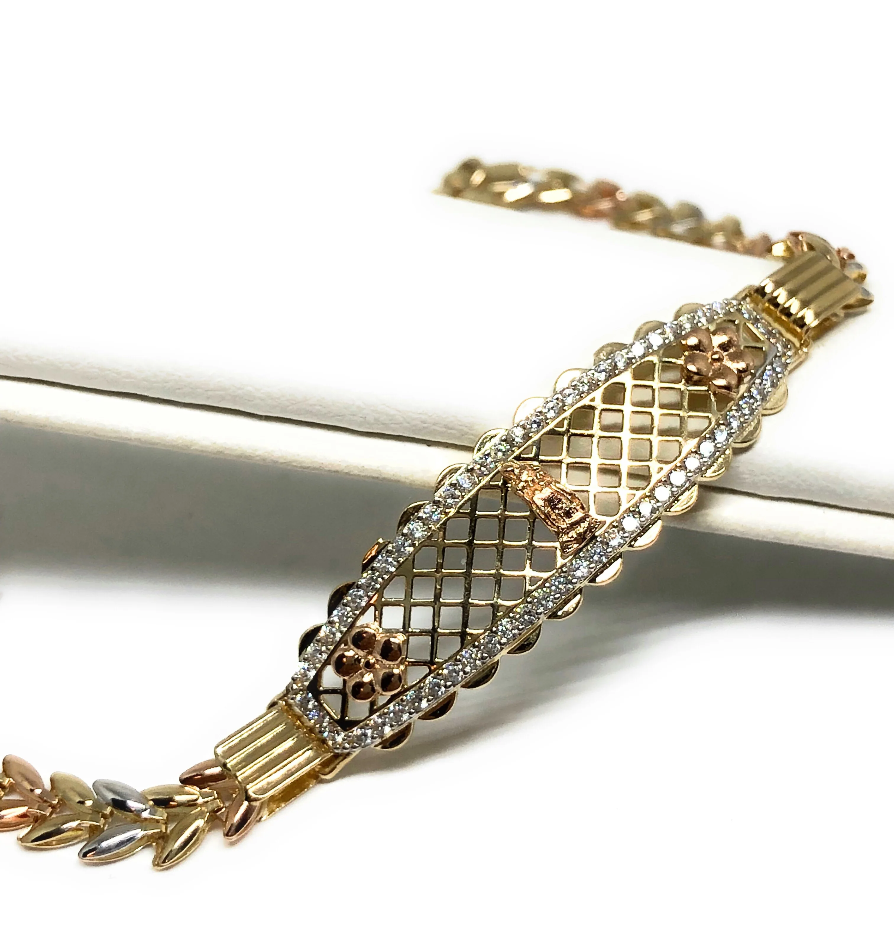 14k Solid Gold Tri-Color Virrgin Mary Brracelet Cubic Zirconia 7.2 inch Virrgen Guadalupe - Image 5