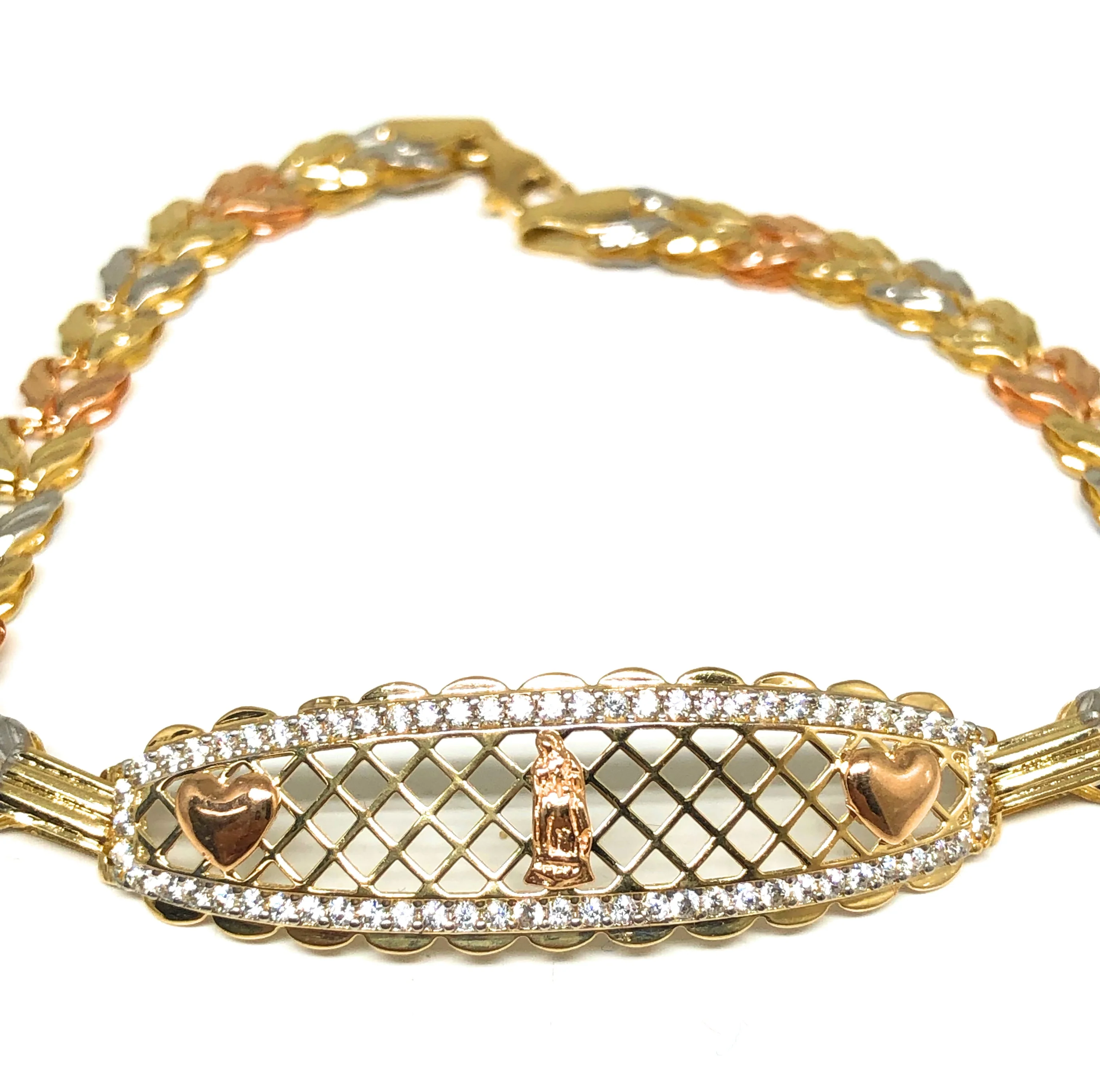 14k Solid Gold Tri-Color Virrgin Mary Brracelet Cubic Zirconia 7.2 inch Virrgen Guadalupe - Image 2