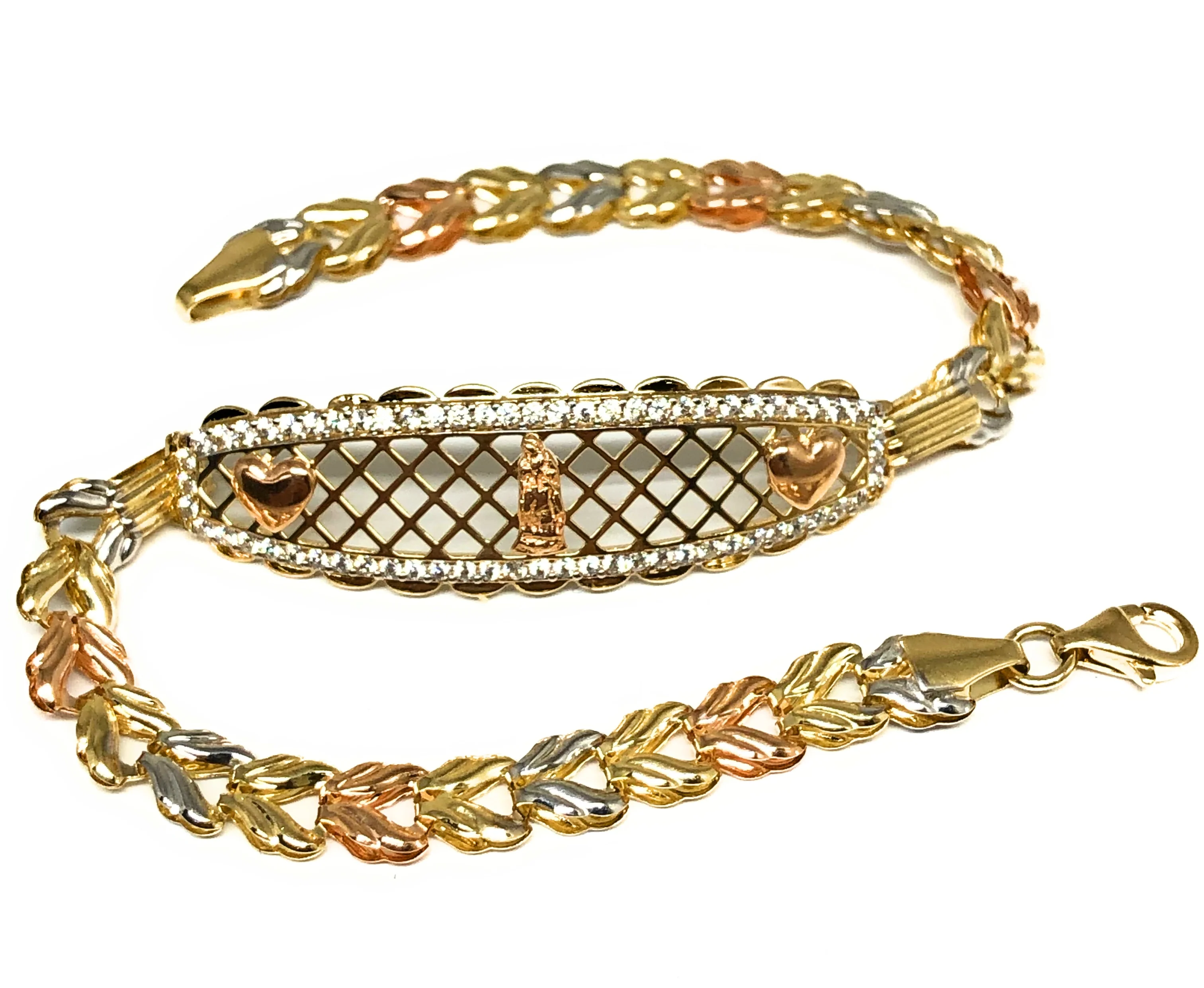 14k Solid Gold Tri-Color Virrgin Mary Brracelet Cubic Zirconia 7.2 inch Virrgen Guadalupe - Image 3