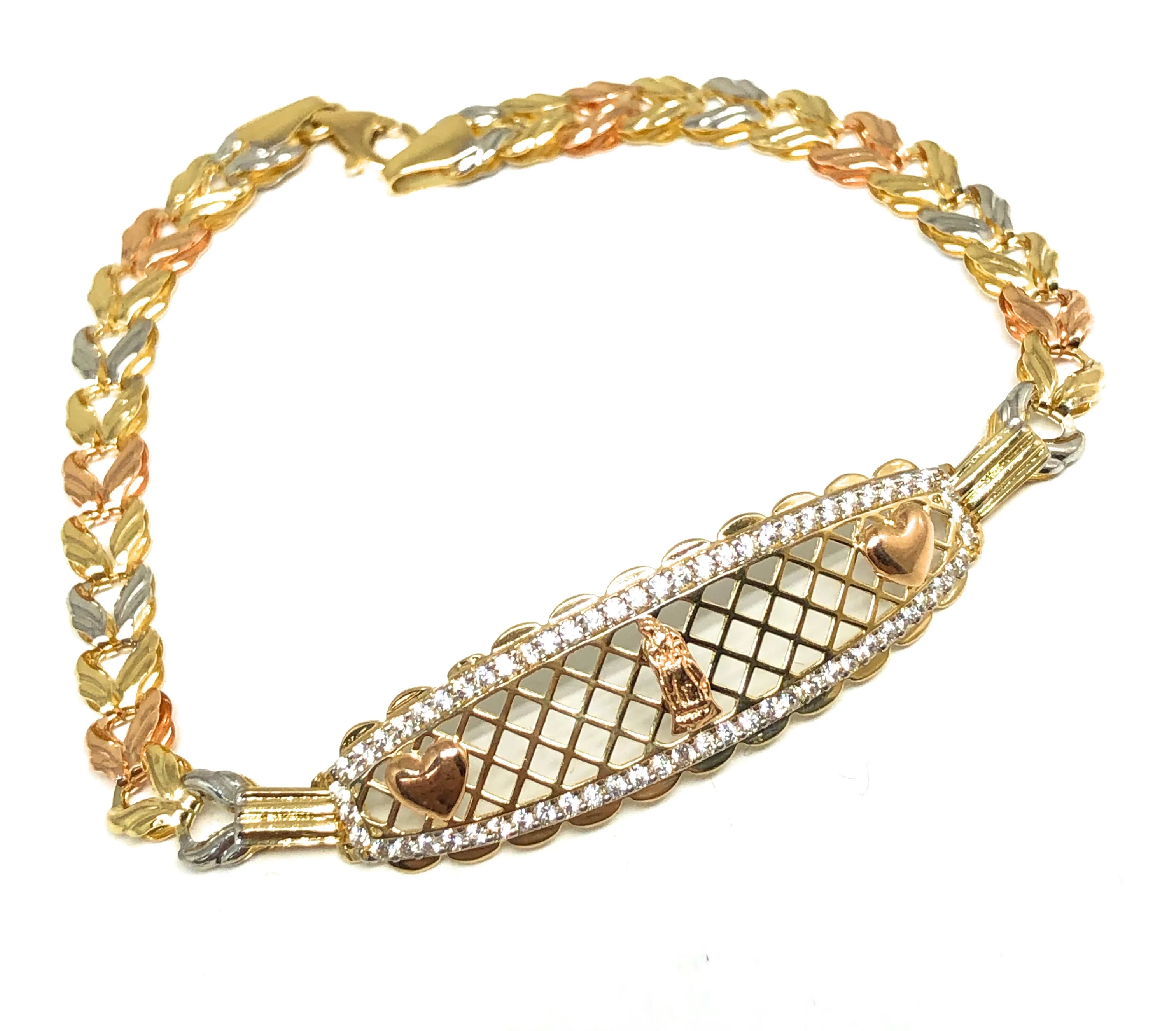 14k Solid Gold Tri-Color Virrgin Mary Brracelet Cubic Zirconia 7.2 inch Virrgen Guadalupe - Image 4