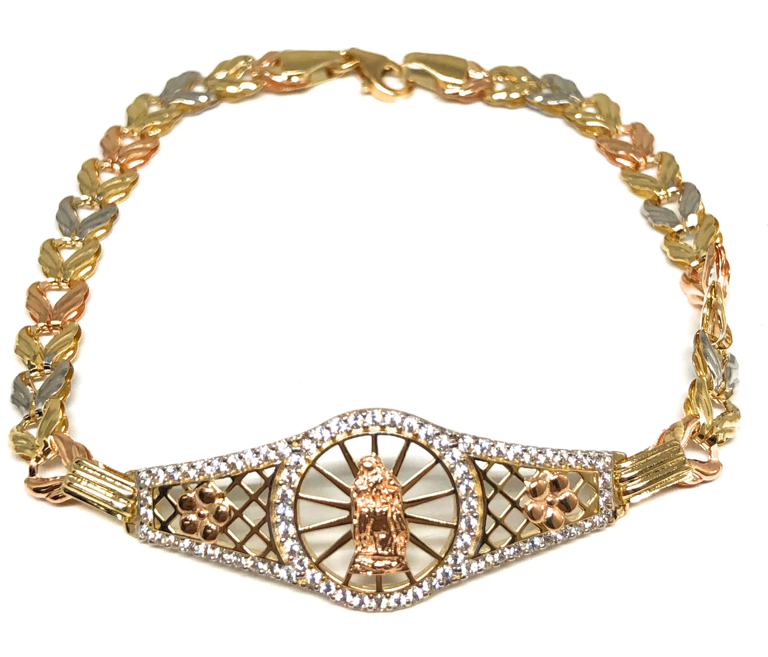 14k Solid Gold Tri-Color Virrgin Mary Brracelet Cubic Zirconia 7.2 inch Virrgen Guadalupe - Image 2