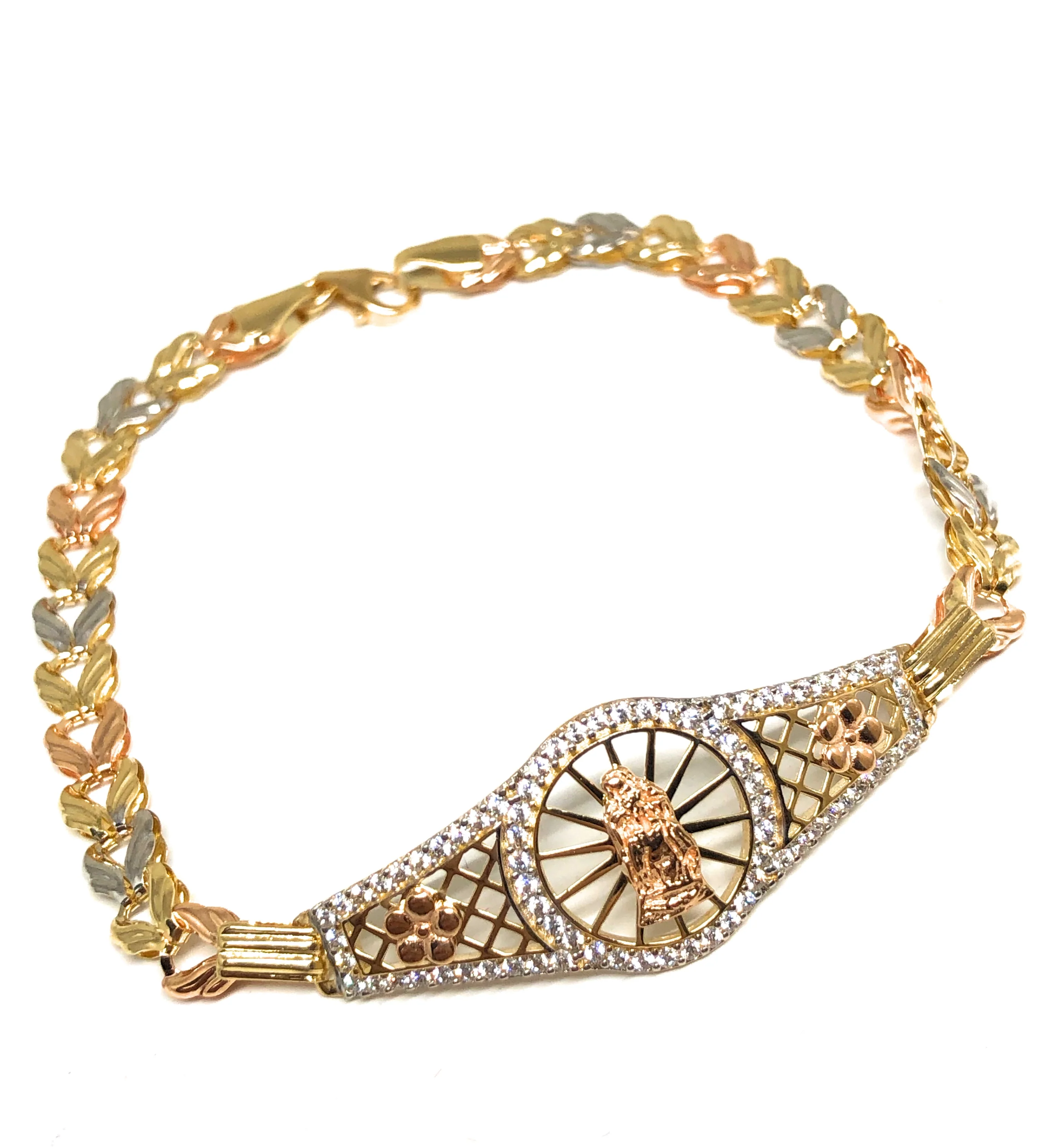 14k Solid Gold Tri-Color Virrgin Mary Brracelet Cubic Zirconia 7.2 inch Virrgen Guadalupe - Image 3