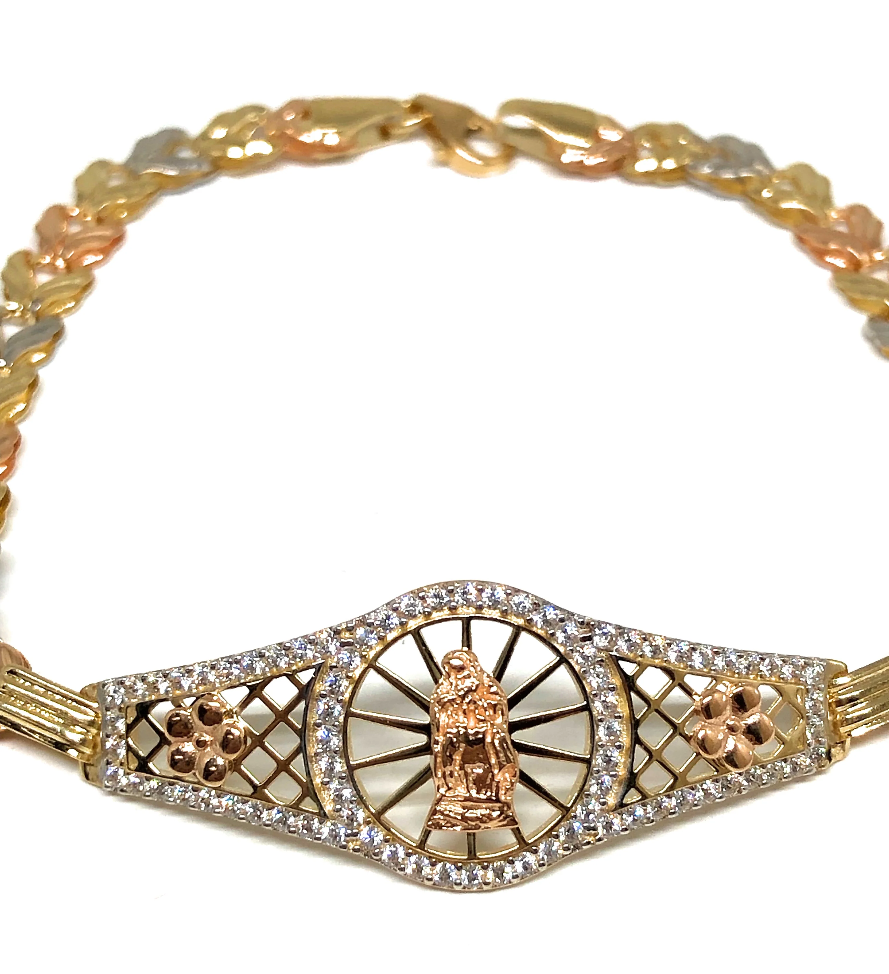 14k Solid Gold Tri-Color Virrgin Mary Brracelet Cubic Zirconia 7.2 inch Virrgen Guadalupe - Image 4