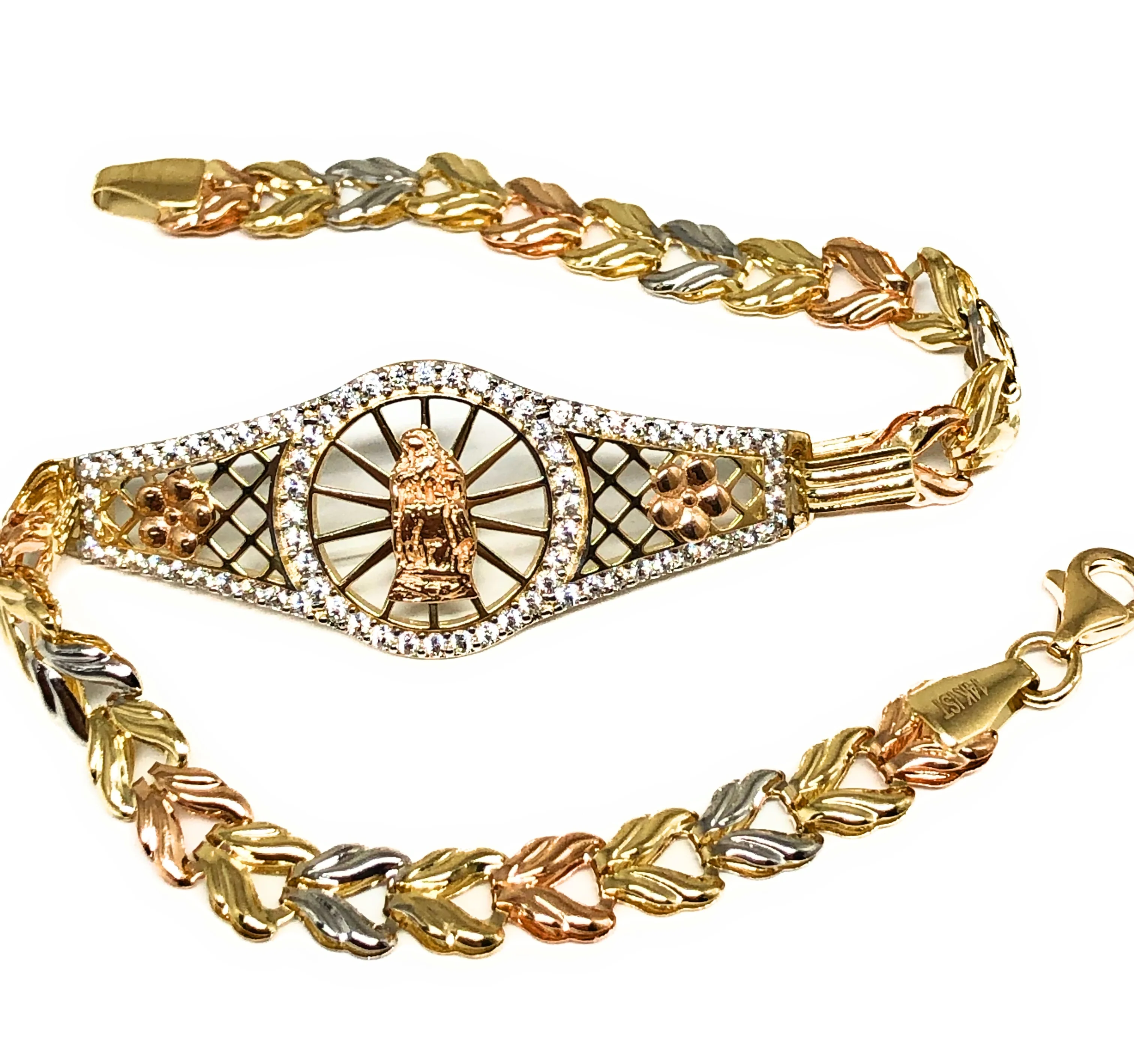 14k Solid Gold Tri-Color Virrgin Mary Brracelet Cubic Zirconia 7.2 inch Virrgen Guadalupe - Image 5