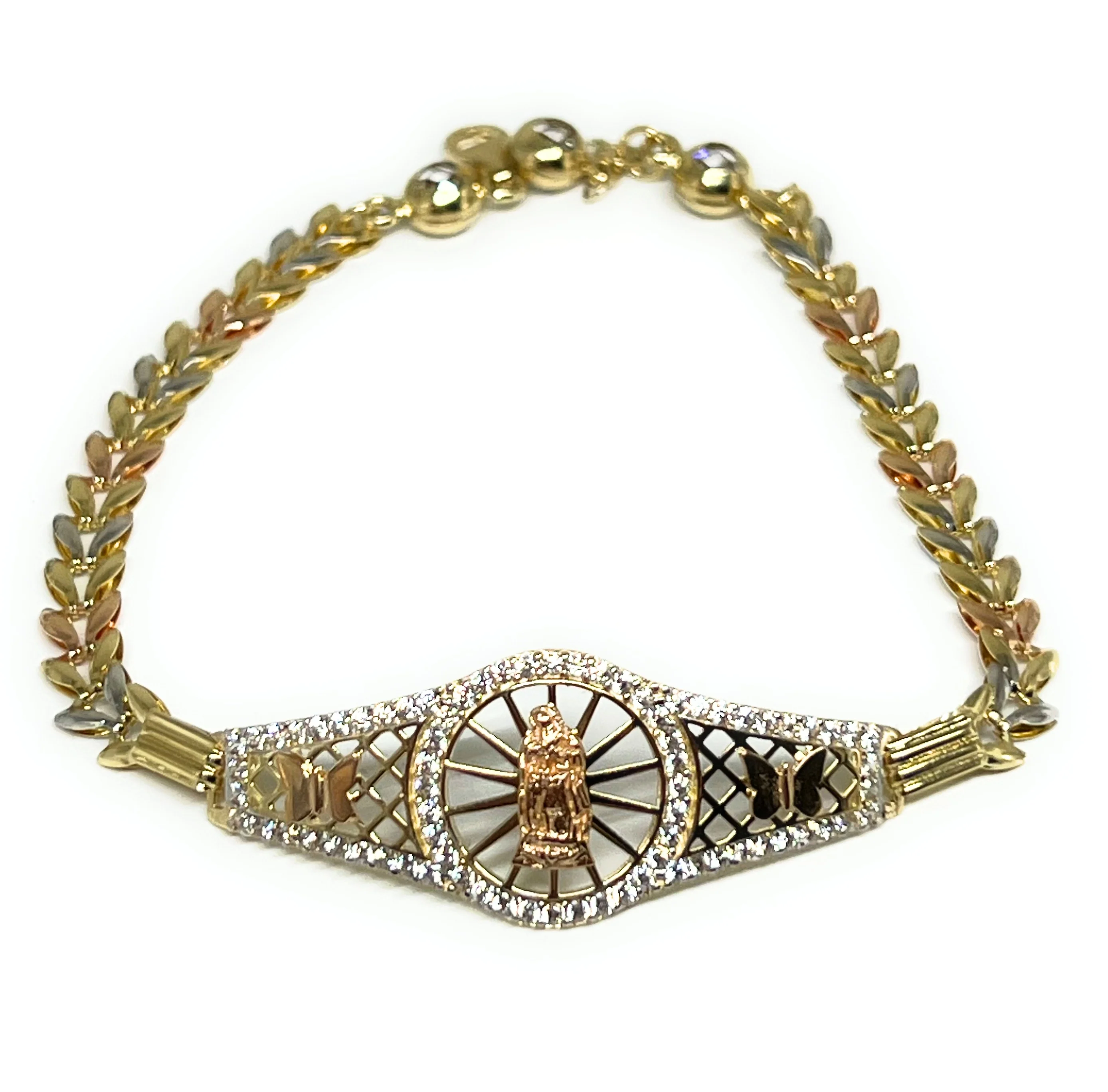 14k Solid Gold Tri-Color Virrgin Mary Brracelet Cubic Zirconia 7.2 inch Virrgen Guadalupe