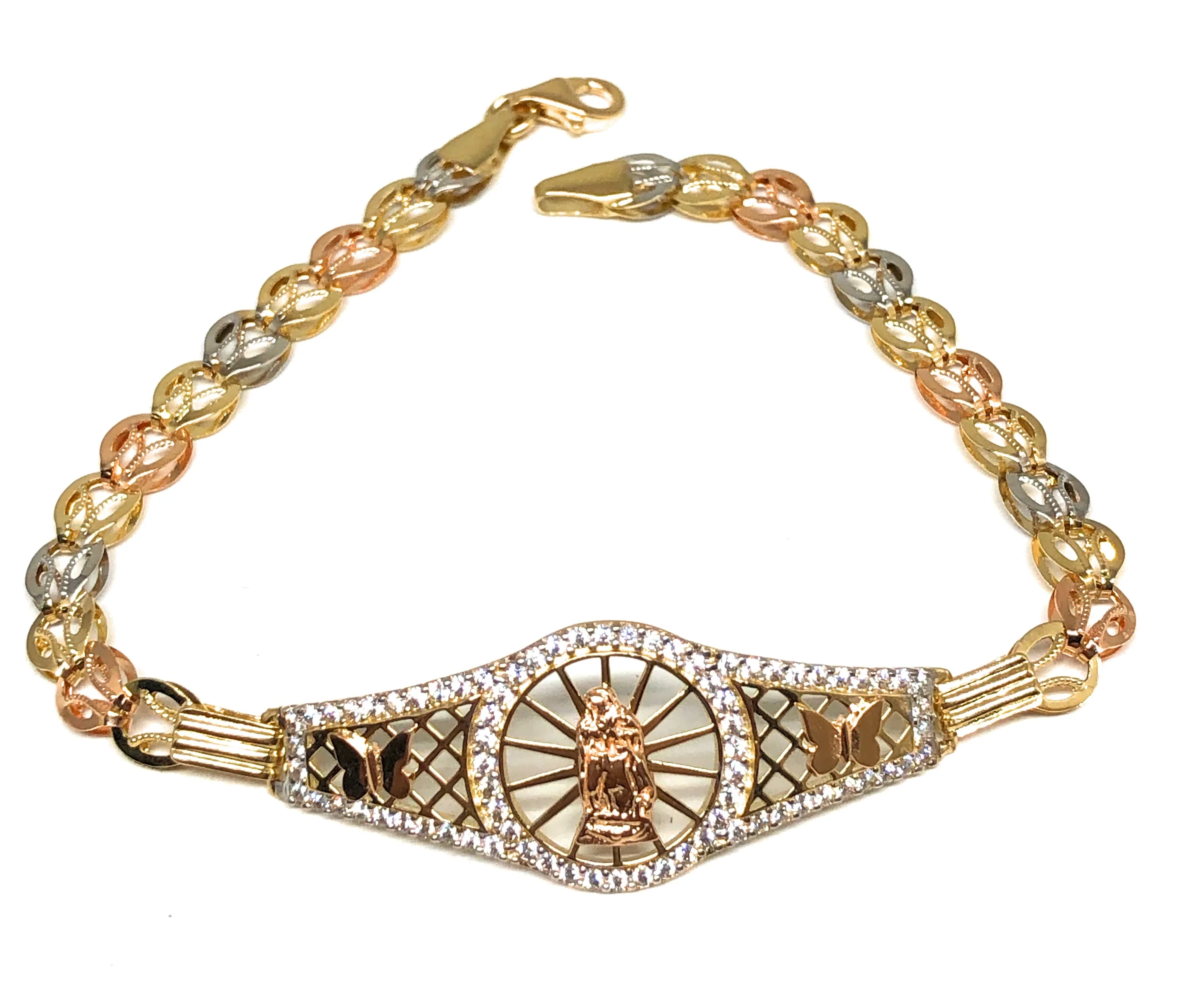 14k Solid Gold Tri-Color Virrgin Mary Brracelet Cubic Zirconia 7.2 inch Virrgen Guadalupe - Image 2