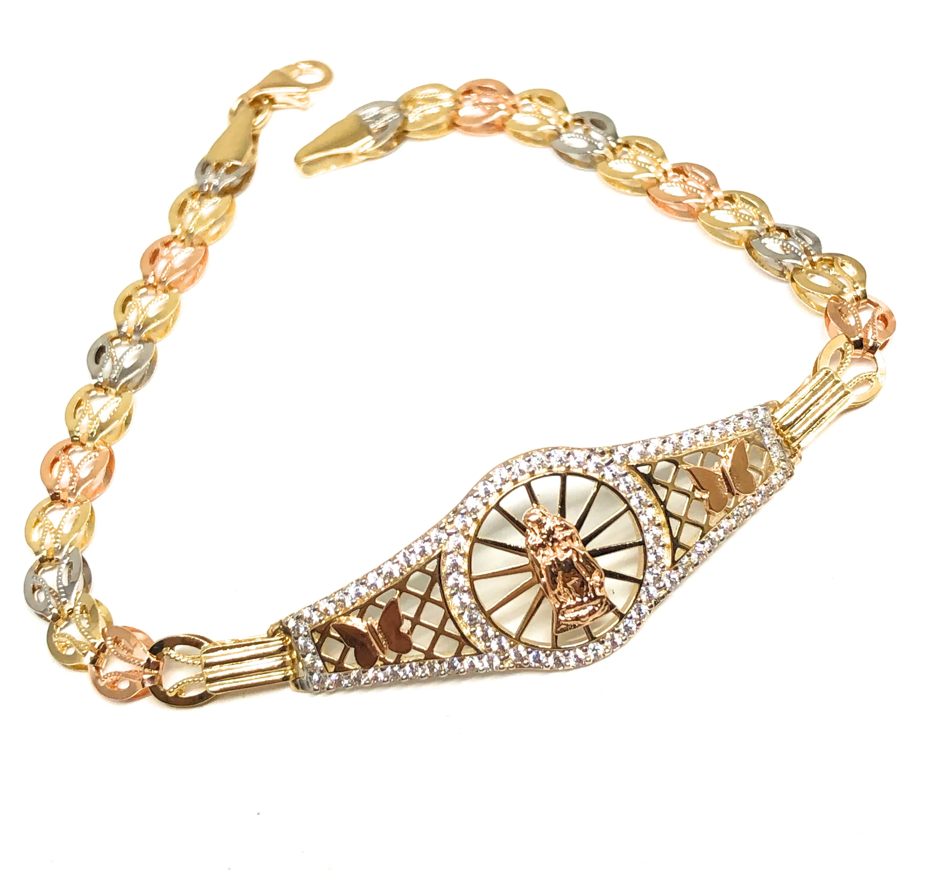 14k Solid Gold Tri-Color Virrgin Mary Brracelet Cubic Zirconia 7.2 inch Virrgen Guadalupe - Image 3
