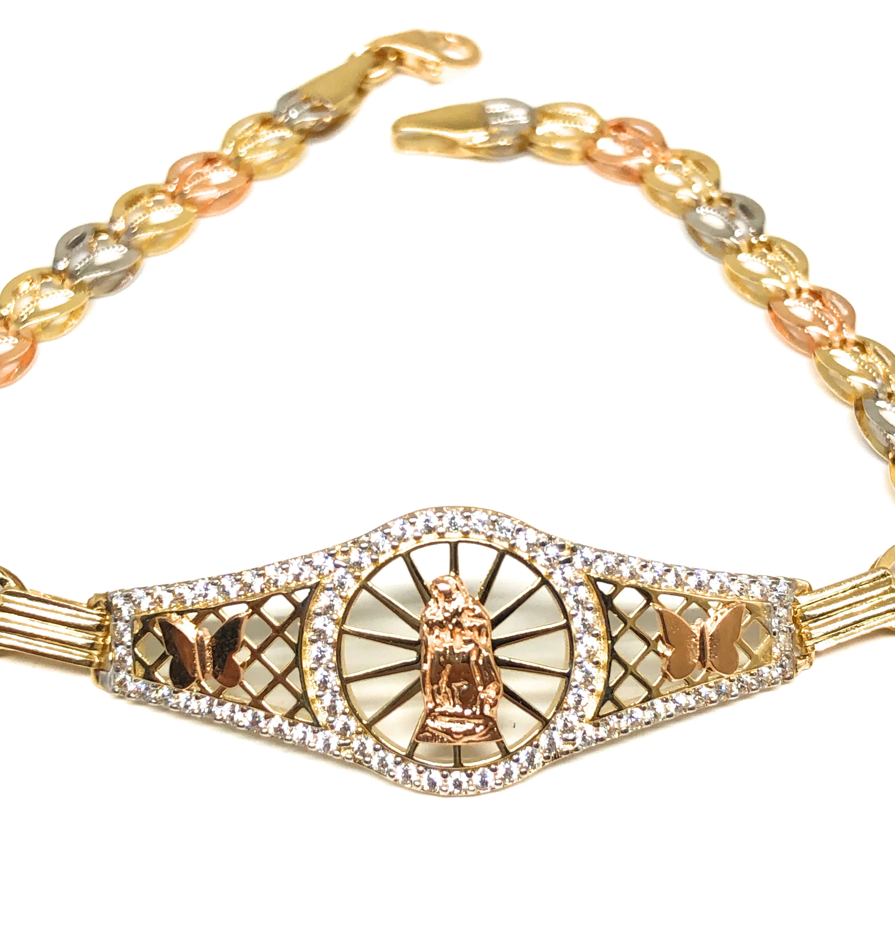 14k Solid Gold Tri-Color Virrgin Mary Brracelet Cubic Zirconia 7.2 inch Virrgen Guadalupe - Image 4