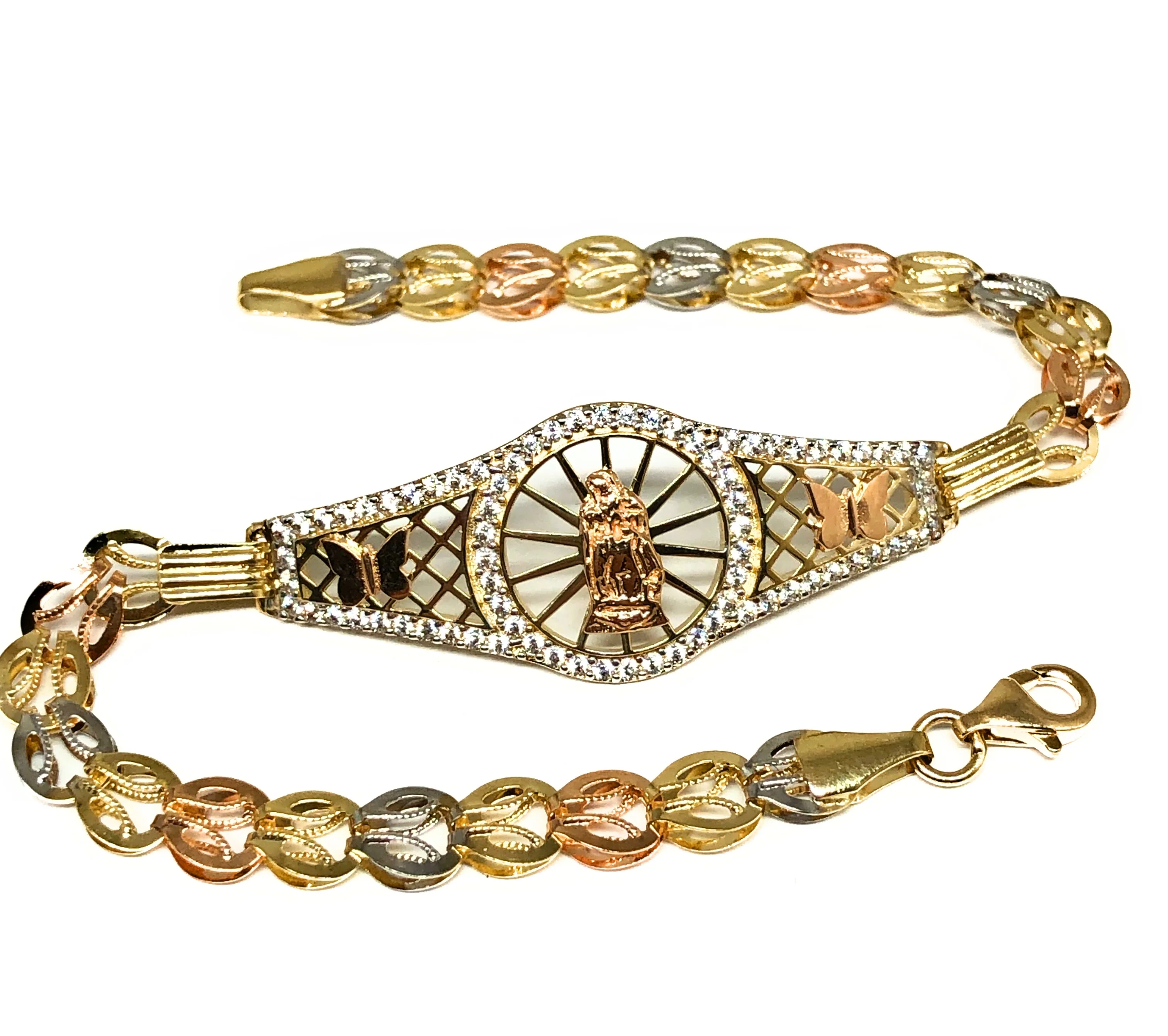 14k Solid Gold Tri-Color Virrgin Mary Brracelet Cubic Zirconia 7.2 inch Virrgen Guadalupe - Image 5