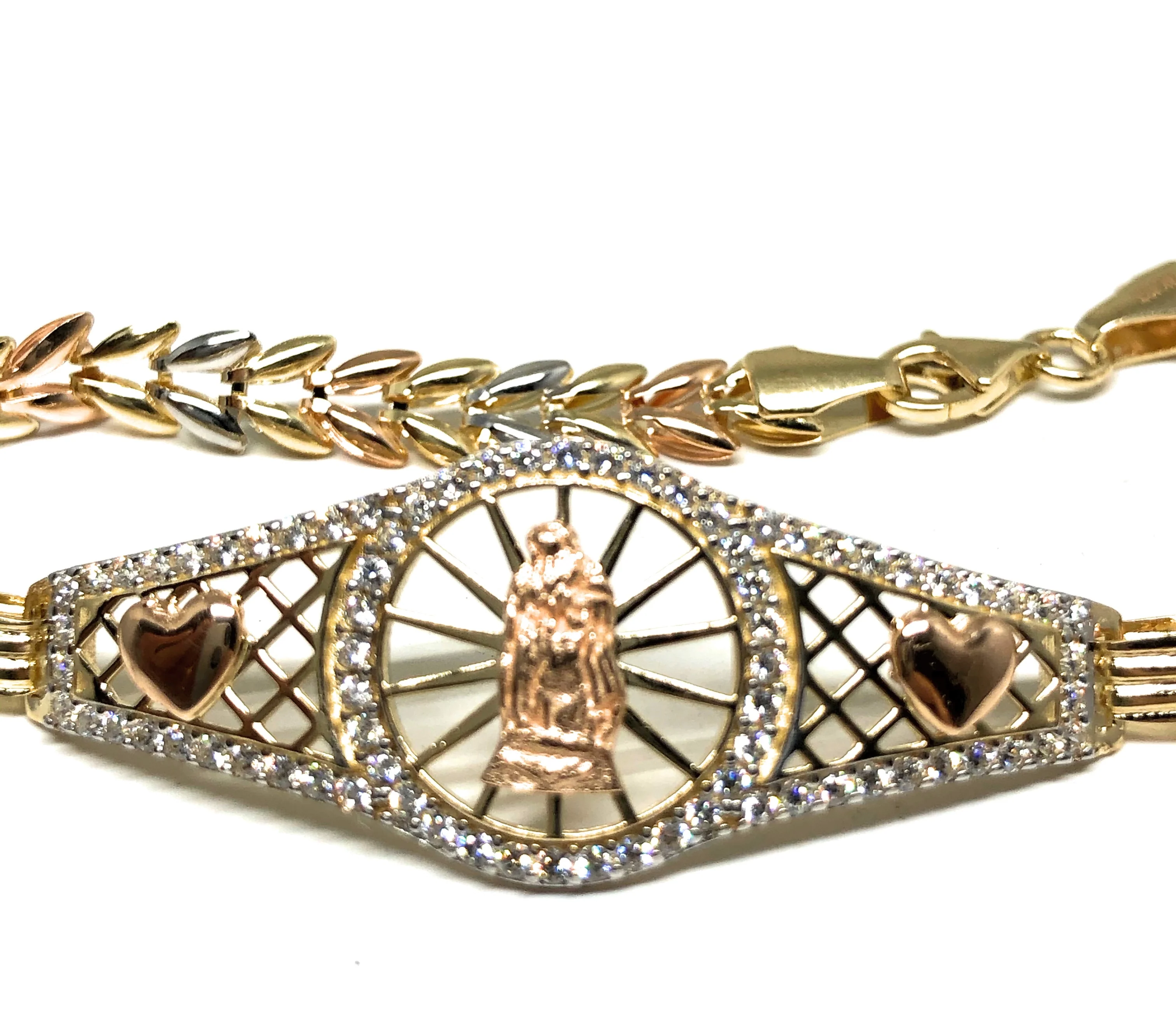 14k Solid Gold Tri-Color Virrgin Mary Brracelet Cubic Zirconia 7.2 inch Virrgen Guadalupe - Image 3