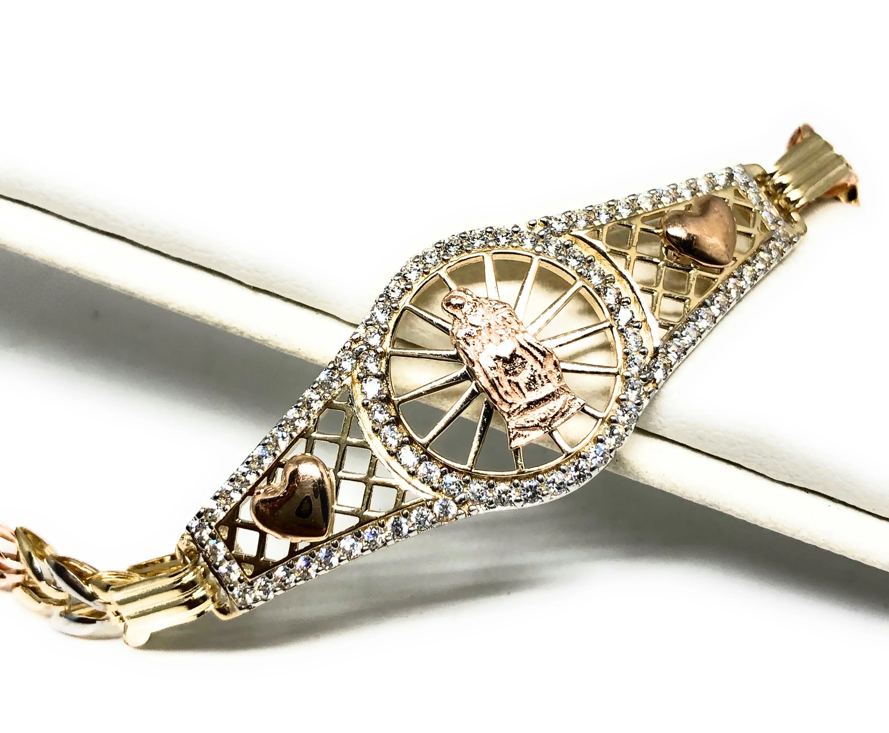 14k Solid Gold Tri-Color Virrgin Mary Brracelet Cubic Zirconia 7.2 inch Virrgen Guadalupe - Image 4