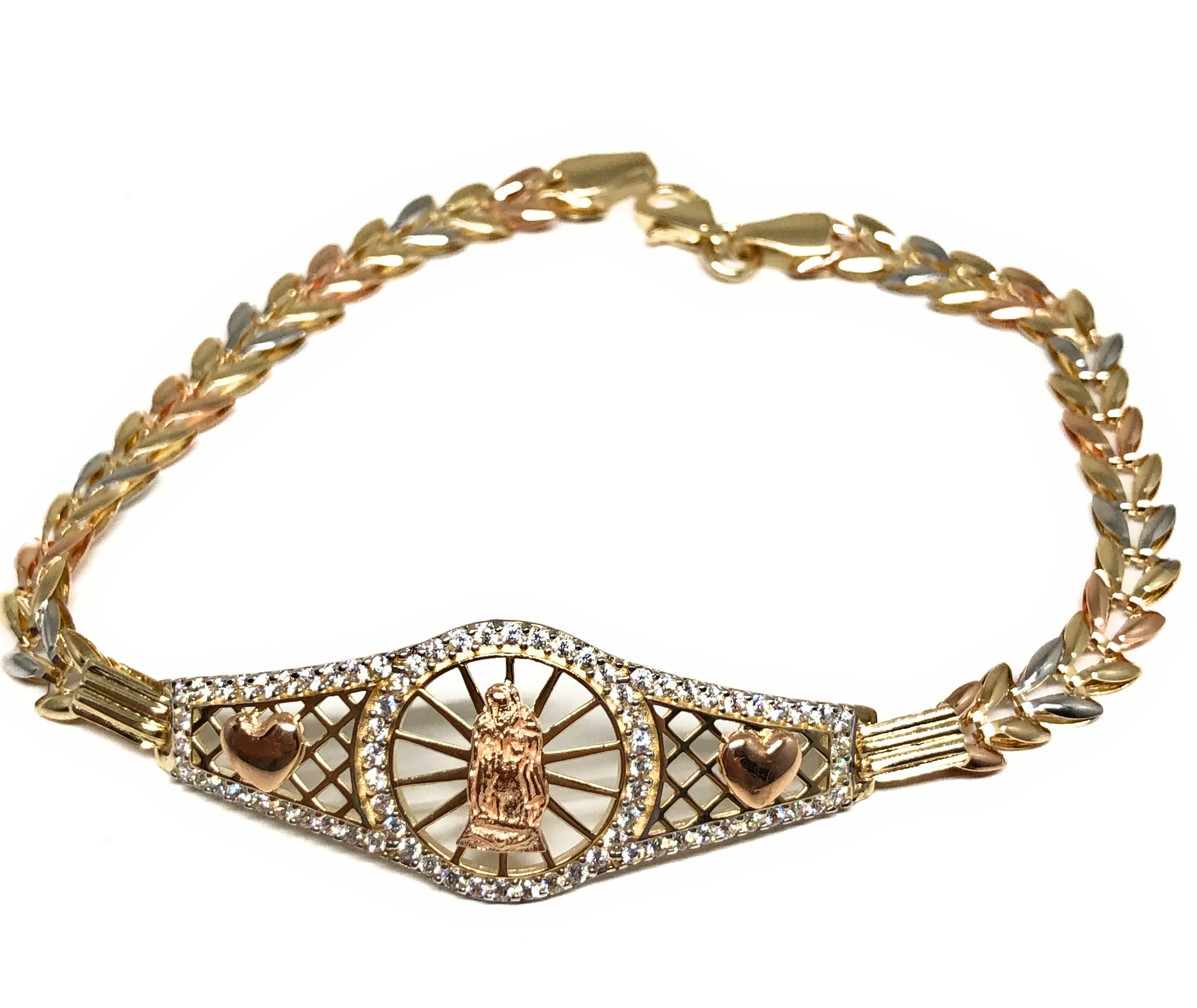 14k Solid Gold Tri-Color Virrgin Mary Brracelet Cubic Zirconia 7.2 inch Virrgen Guadalupe - Image 5