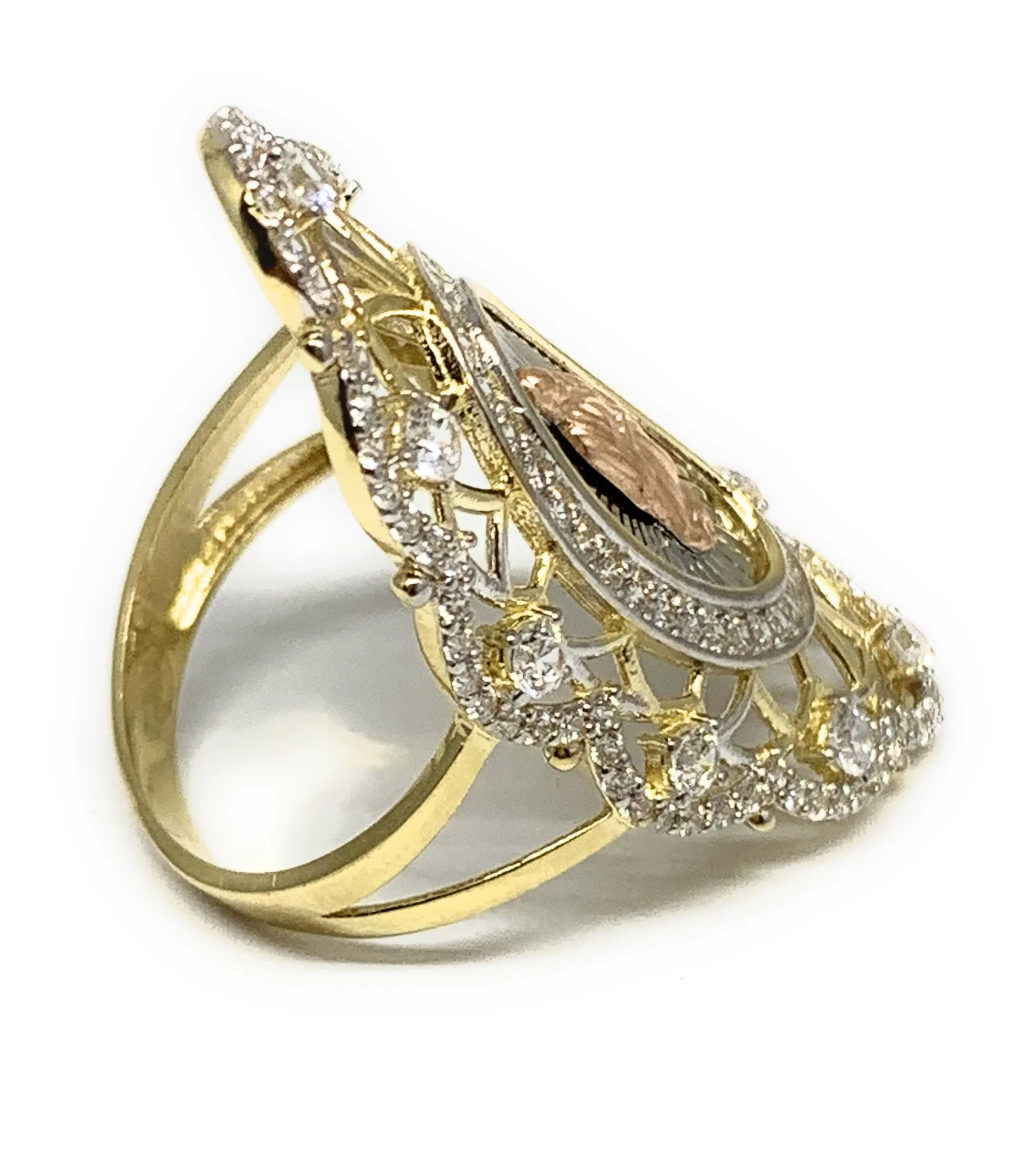 14k Solid Gold Tri-Color Virrgin Mary CZ Fancy Elegant Filigran Long Oval Ring - Image 2