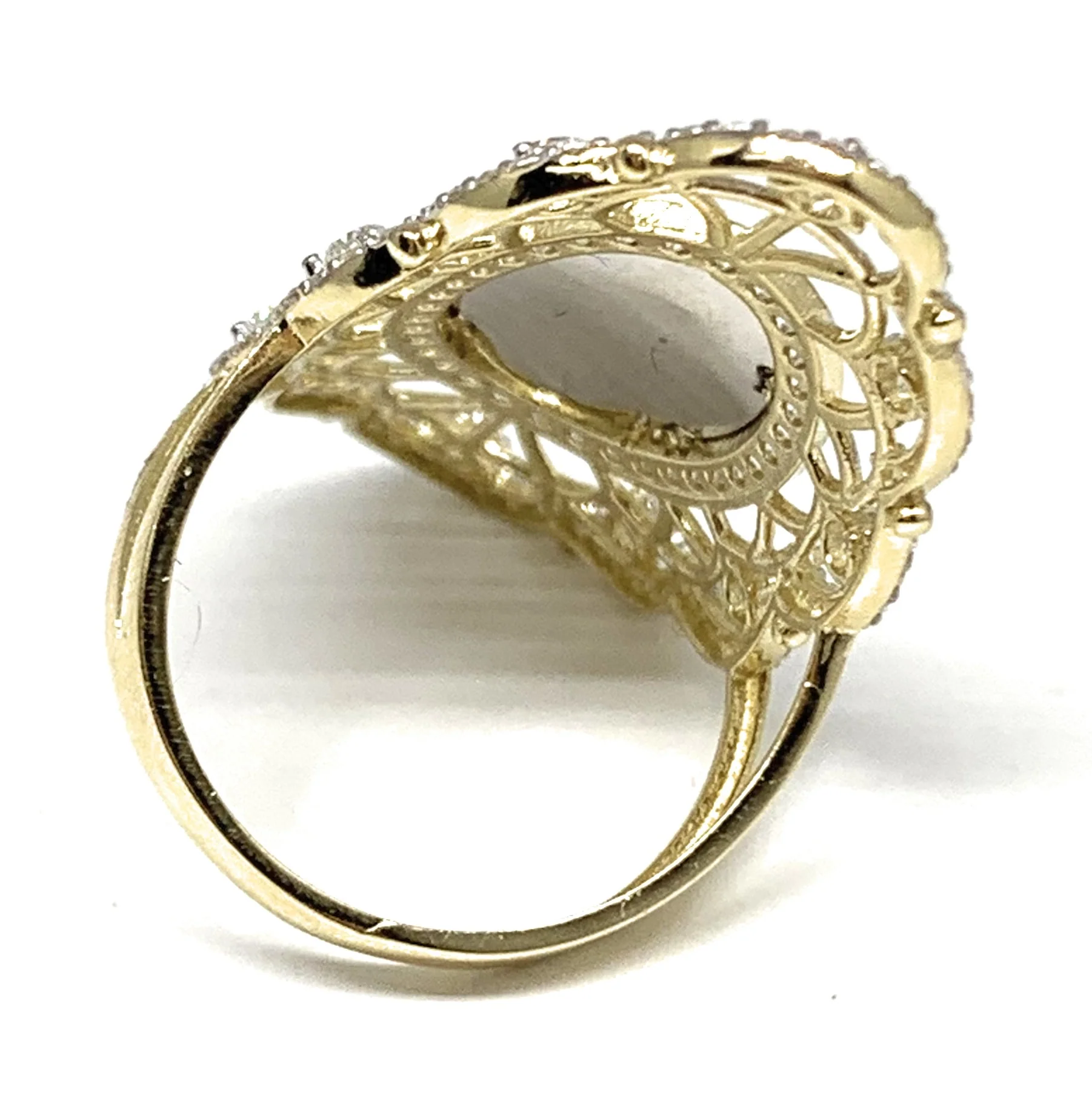 14k Solid Gold Tri-Color Virrgin Mary CZ Fancy Elegant Filigran Long Oval Ring - Image 3