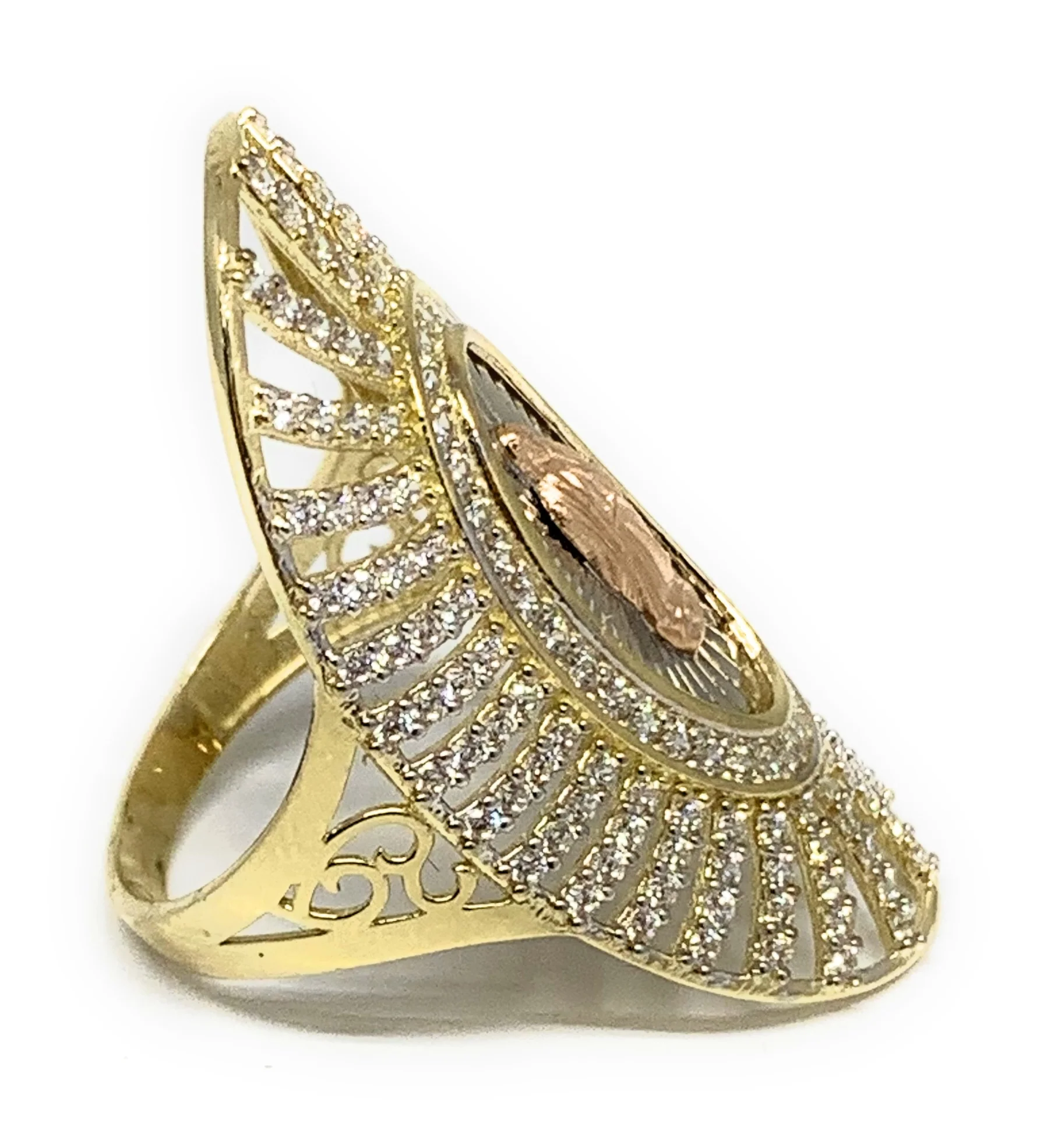 14k Solid Gold Tri-Color Virrgin Mary CZ Fancy Elegant Long Oval Ring - Image 2