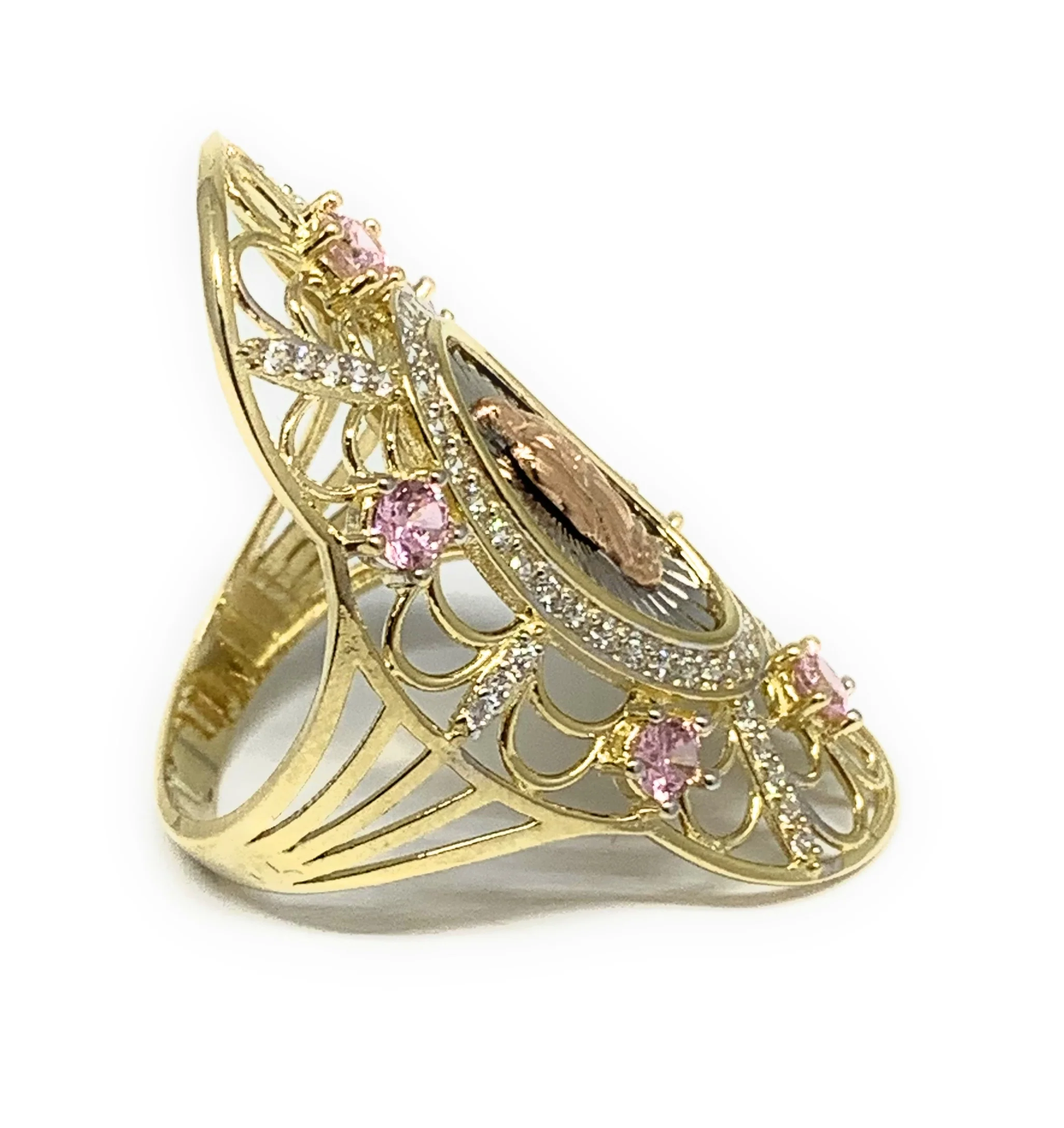 14k Solid Gold Tri-Color Virrgin Mary Pink CZ Fancy Elegant Long Oval Ring - Image 3