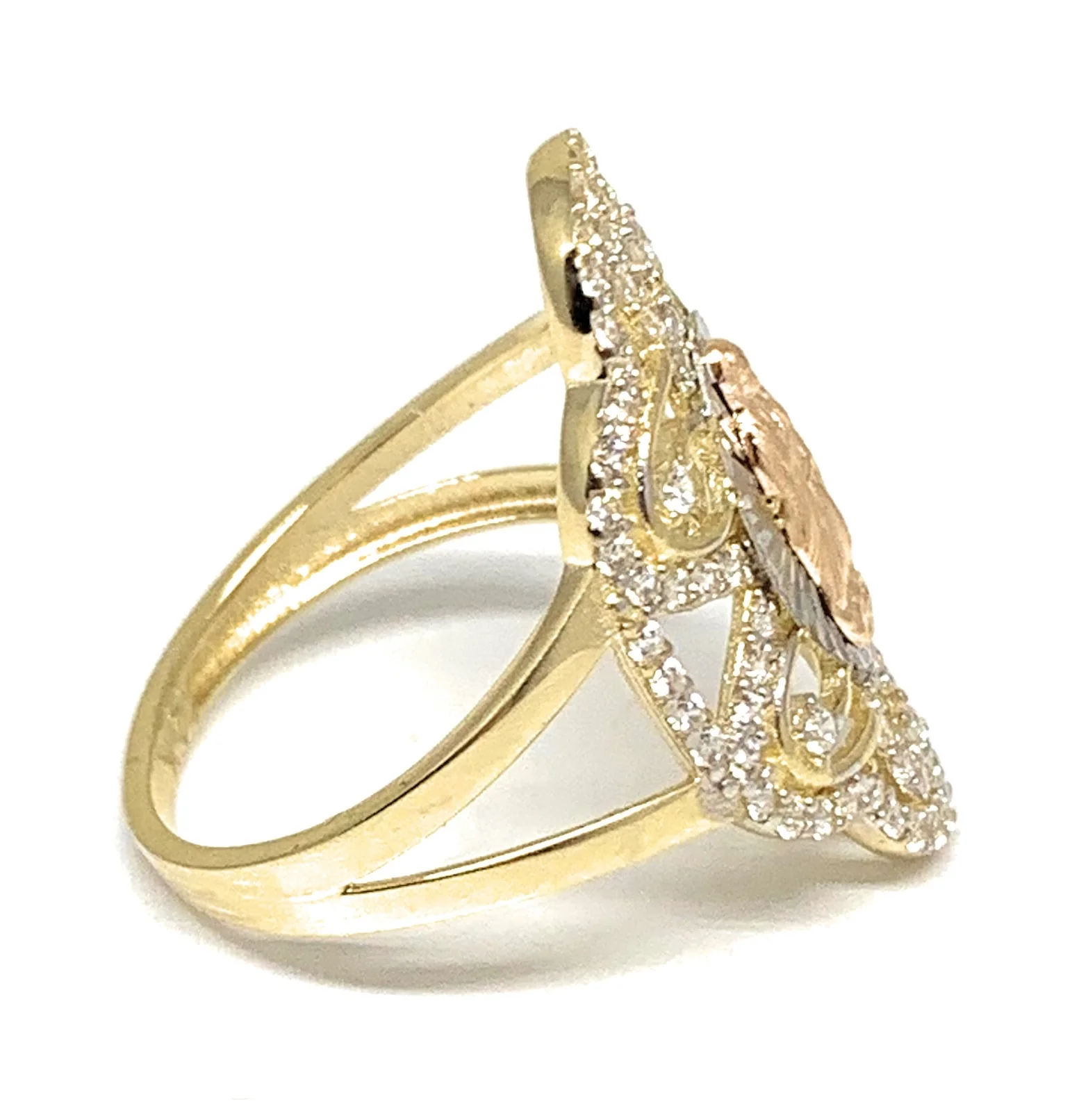 14k Solid Gold Tri-Color Virrgin Mary CZ Fancy Elegant Ring - Image 2