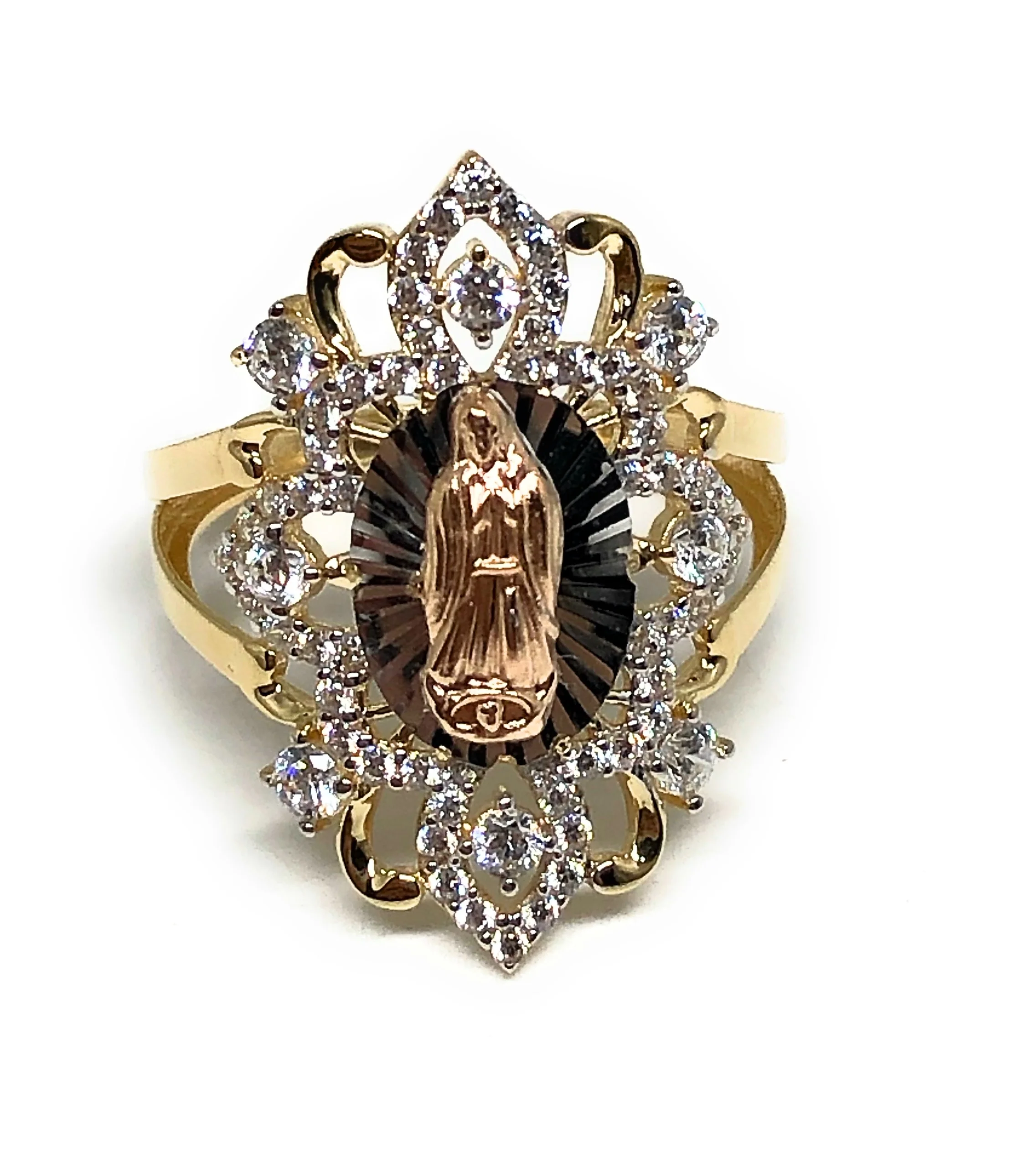 14k Solid Gold Tri-Color Virrgin Mary CZ Fancy Ring