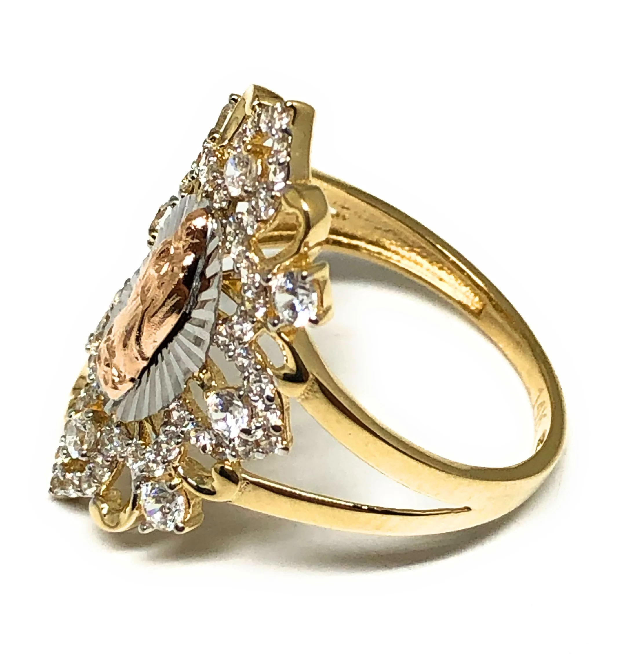 14k Solid Gold Tri-Color Virrgin Mary CZ Fancy Ring - Image 2