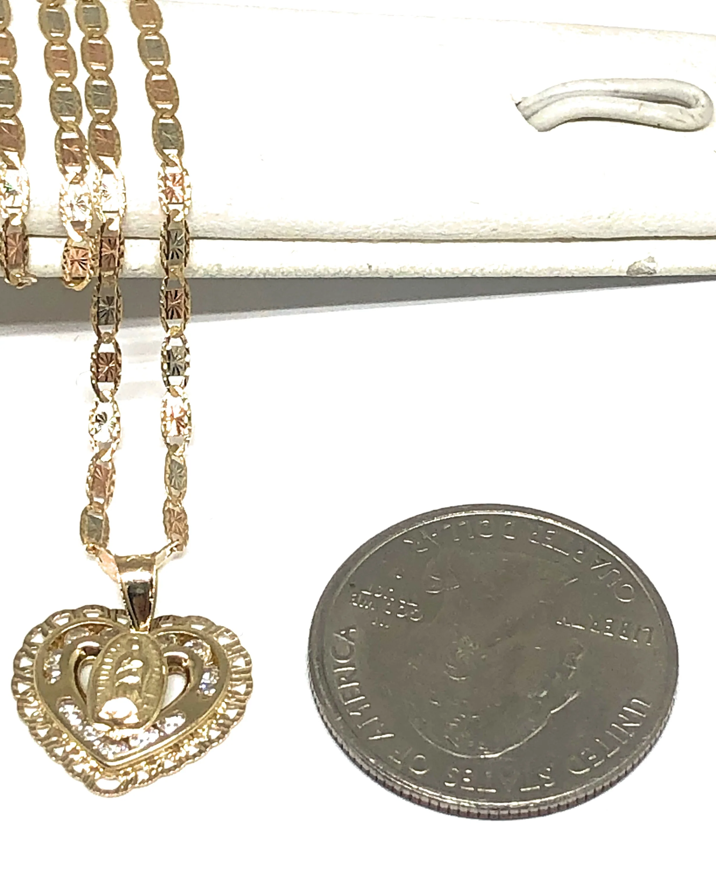 14k Solid Gold Tri-Color Virrgin Mary CZ Heart Pendant Necklace Virrgen Gaudalupe - Image 2