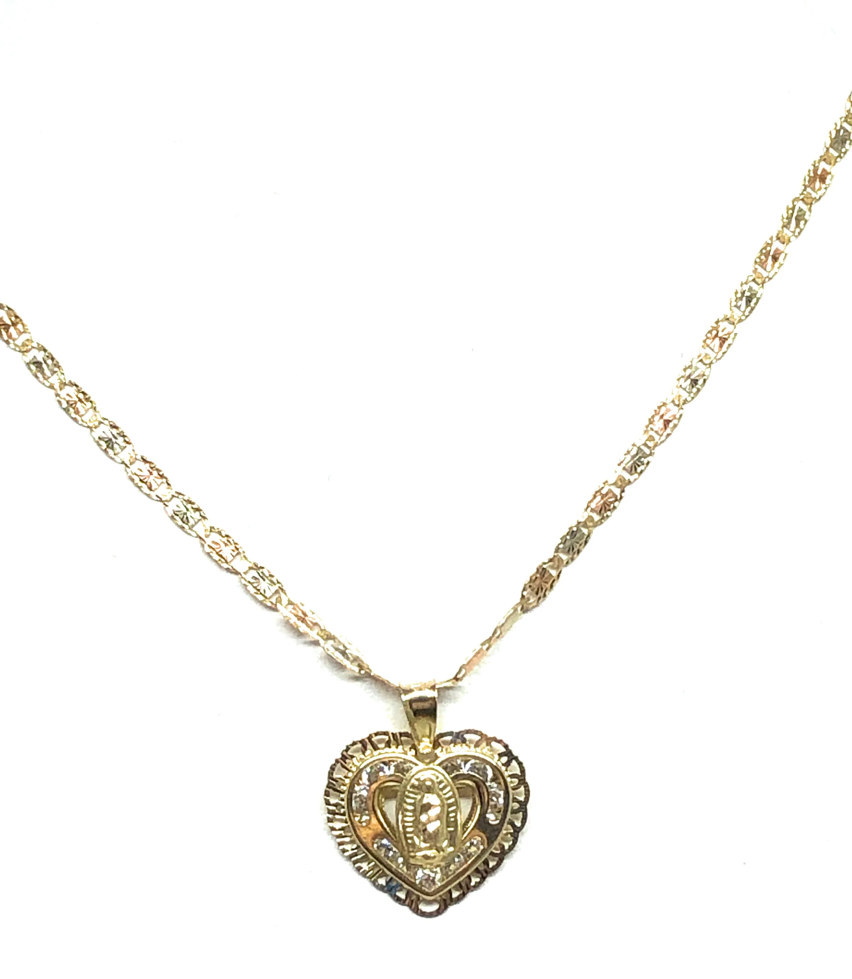 14k Solid Gold Tri-Color Virrgin Mary CZ Heart Pendant Necklace Virrgen Gaudalupe - Image 4