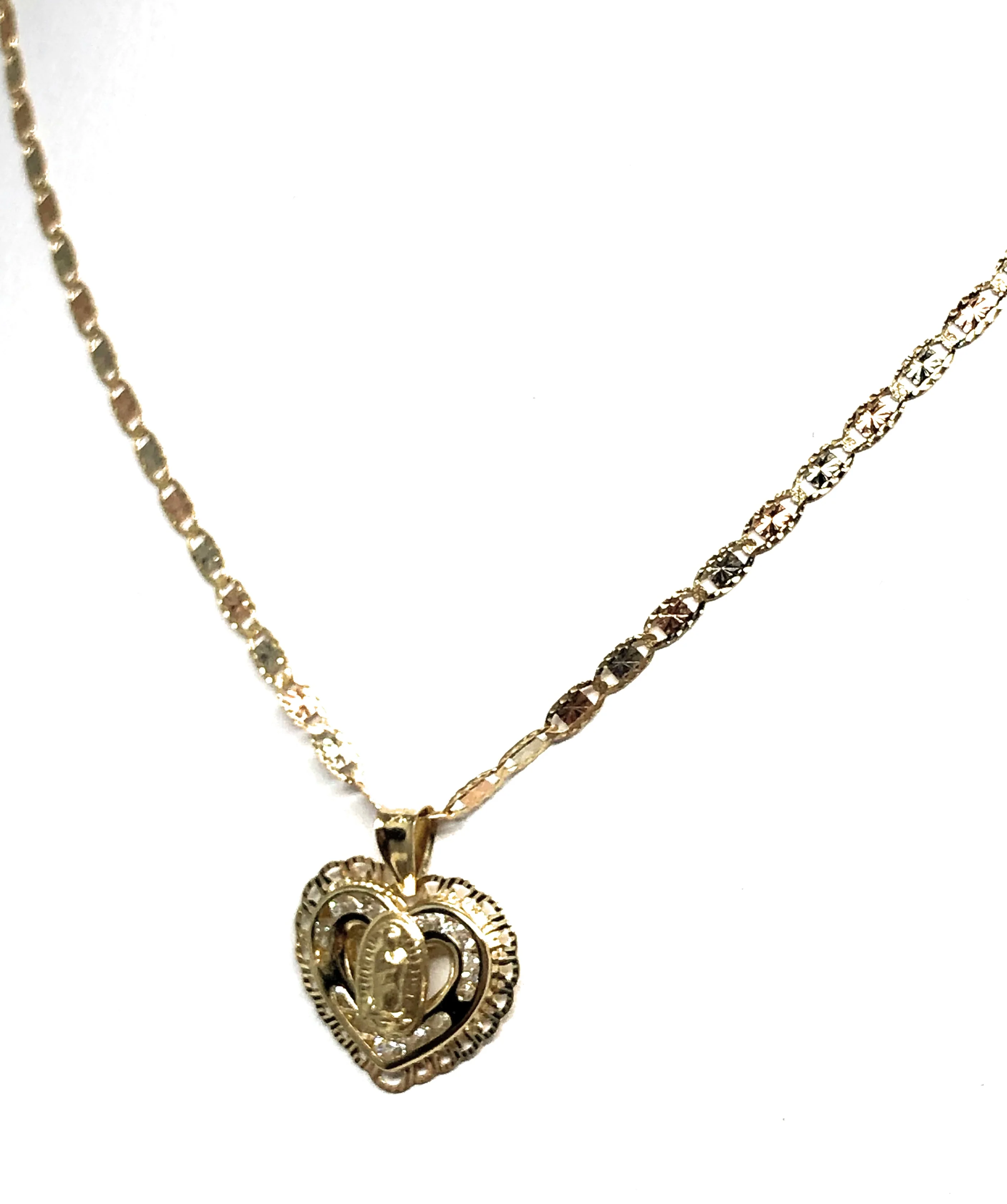 14k Solid Gold Tri-Color Virrgin Mary CZ Heart Pendant Necklace Virrgen Gaudalupe - Image 5