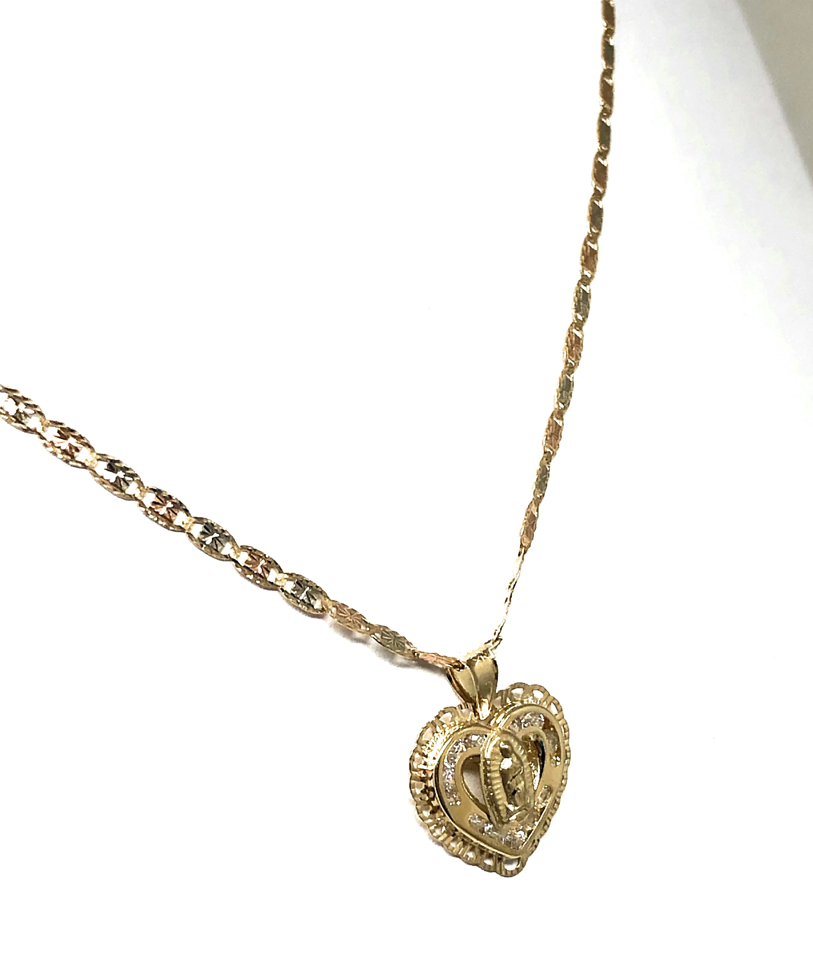14k Solid Gold Tri-Color Virrgin Mary CZ Heart Pendant Necklace Virrgen Gaudalupe - Image 6