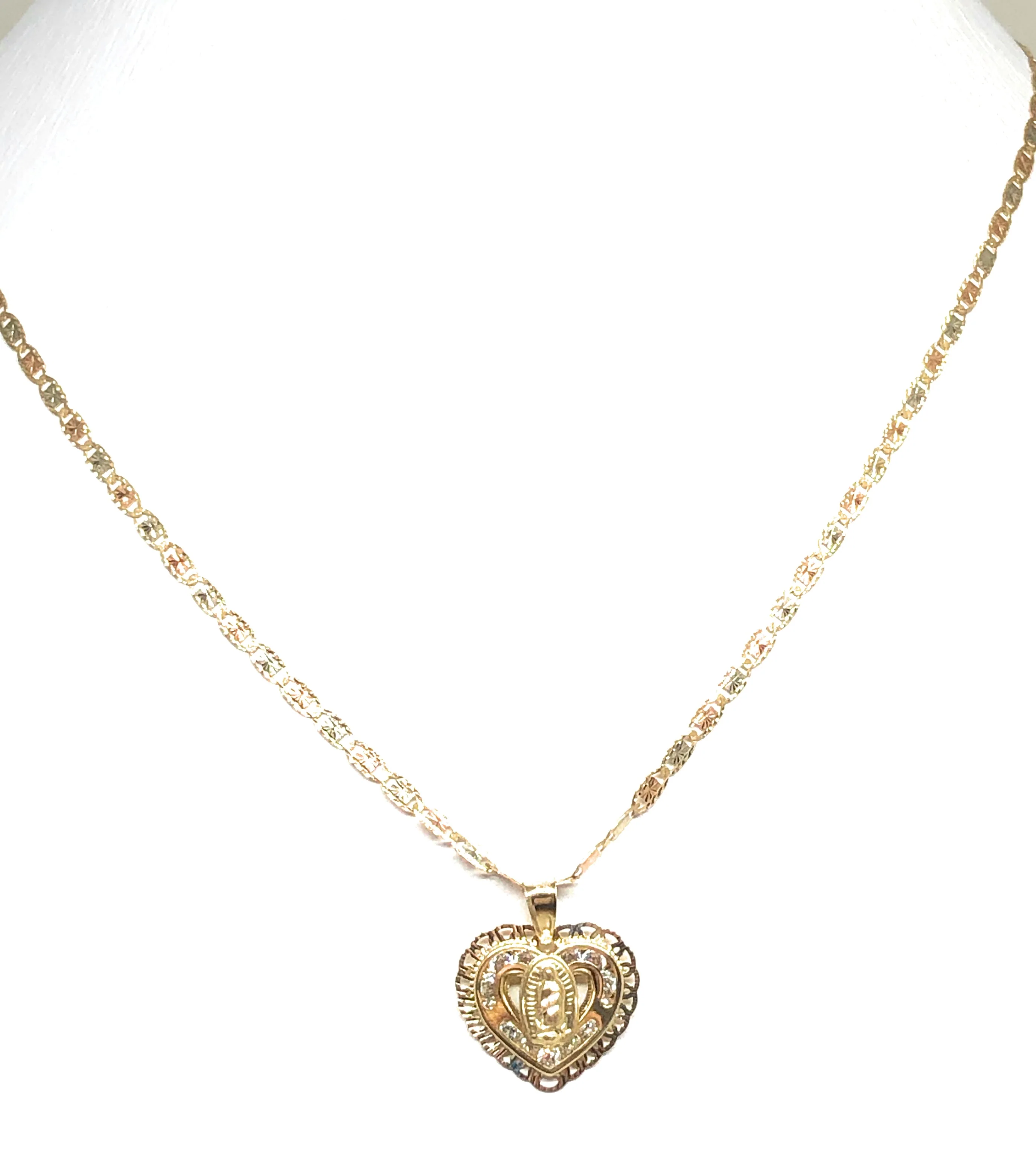 14k Solid Gold Tri-Color Virrgin Mary CZ Heart Pendant Necklace Virrgen Gaudalupe - Image 7