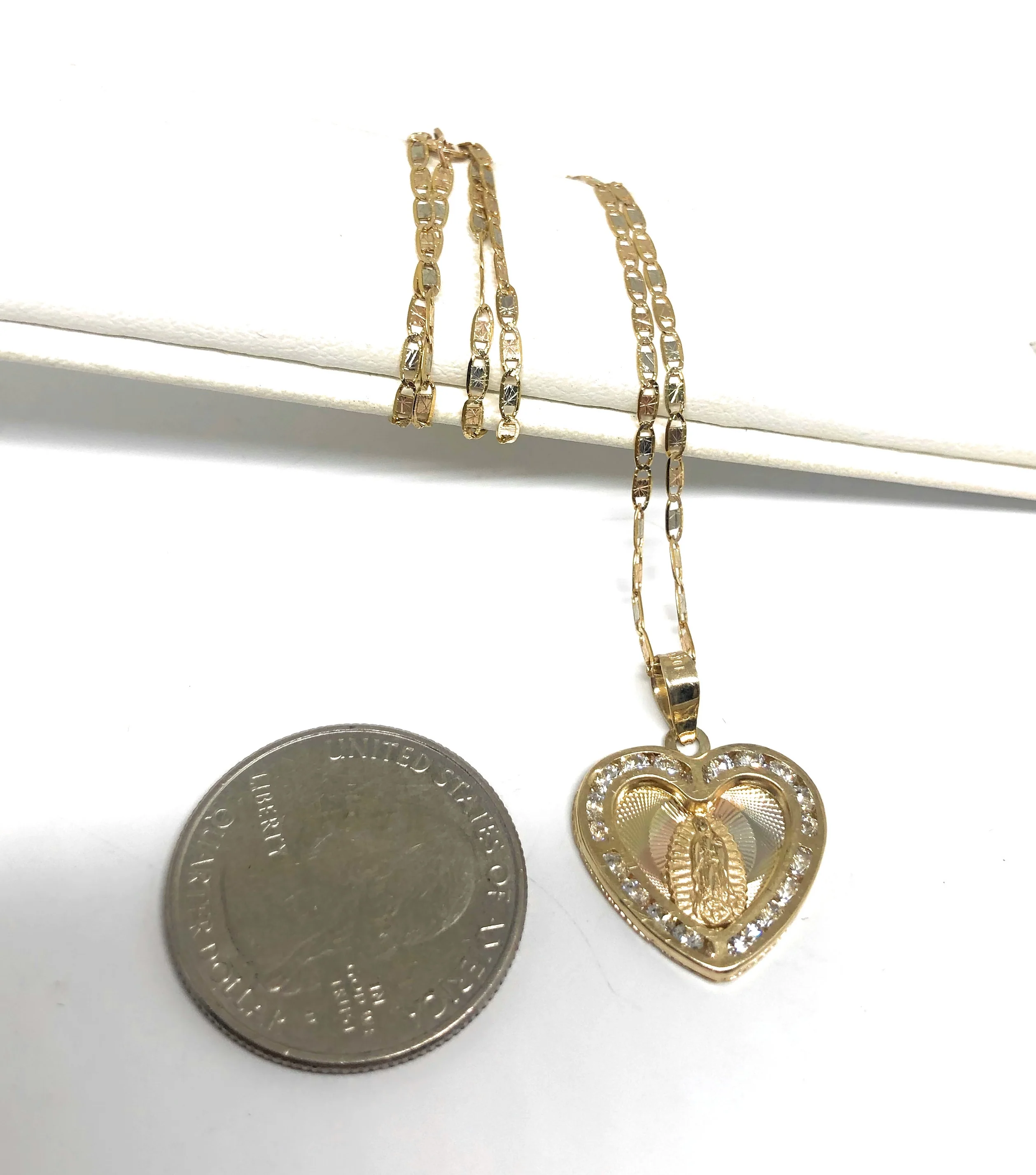 14k Solid Gold Tri-Color Virrgin Mary CZ Heart Pendant Necklace Virrgen Gaudalupe - Image 2