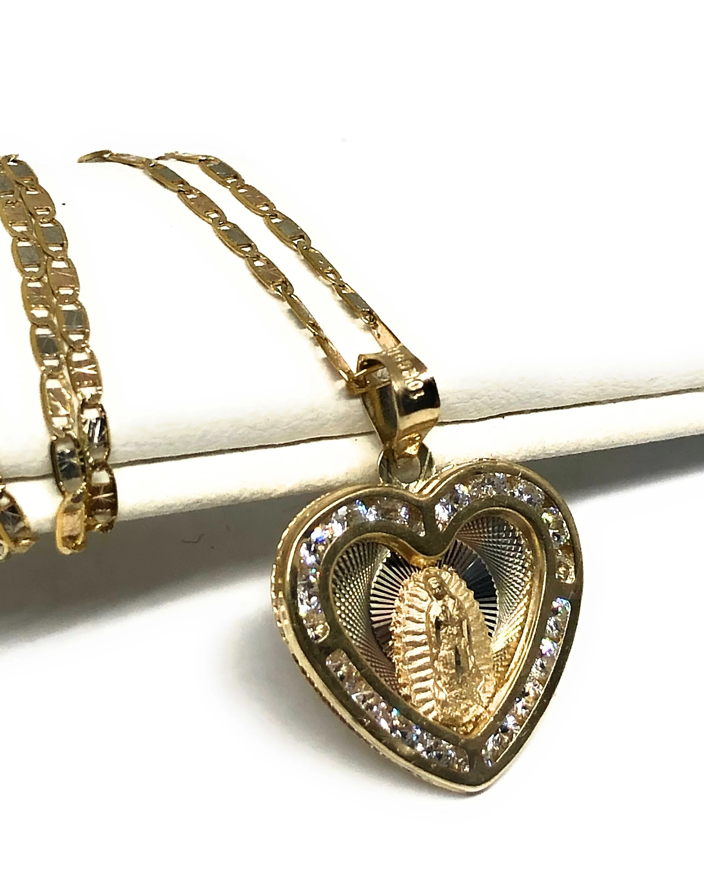 14k Solid Gold Tri-Color Virrgin Mary CZ Heart Pendant Necklace Virrgen Gaudalupe - Image 3