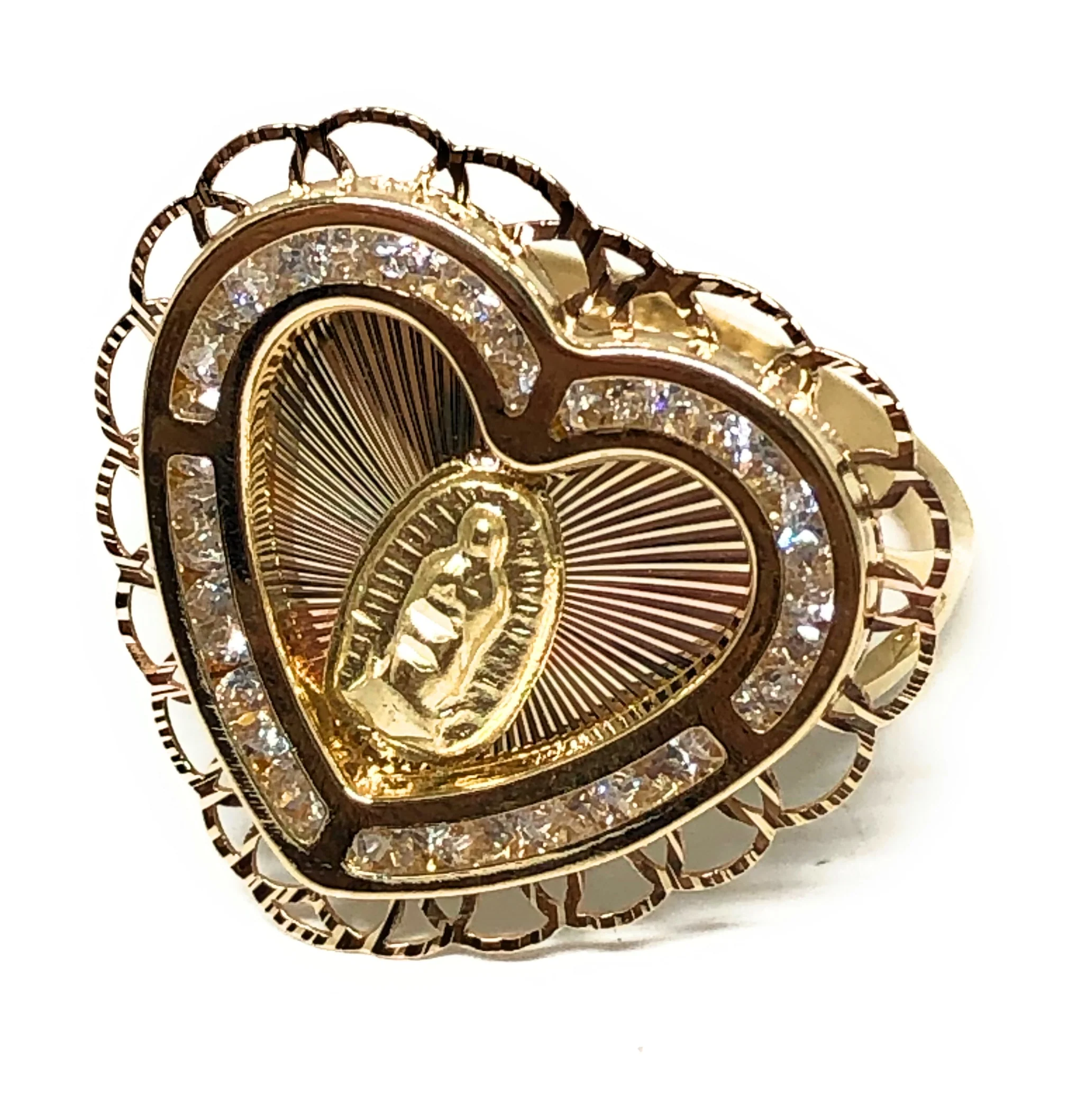 14k Solid Gold Tri-Color Virrgin Mary CZ Heart Ring