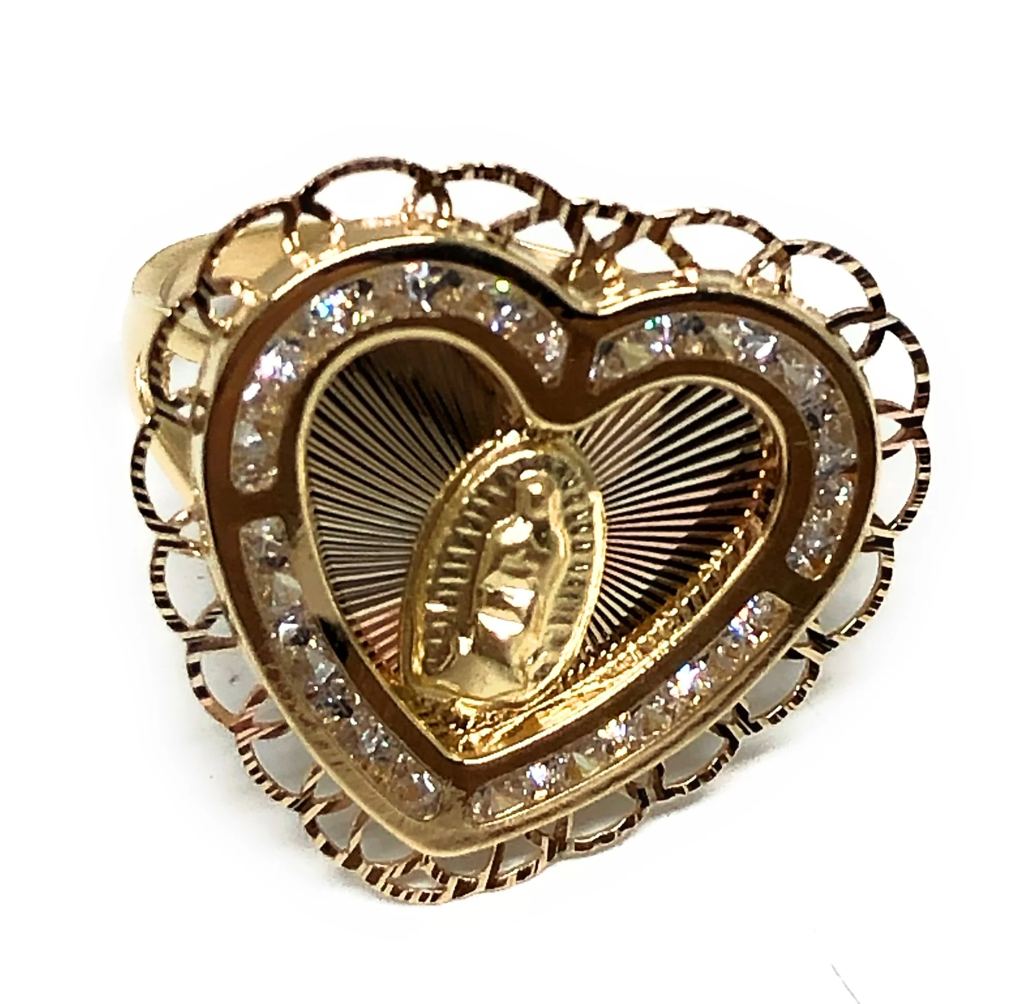 14k Solid Gold Tri-Color Virrgin Mary CZ Heart Ring - Image 2