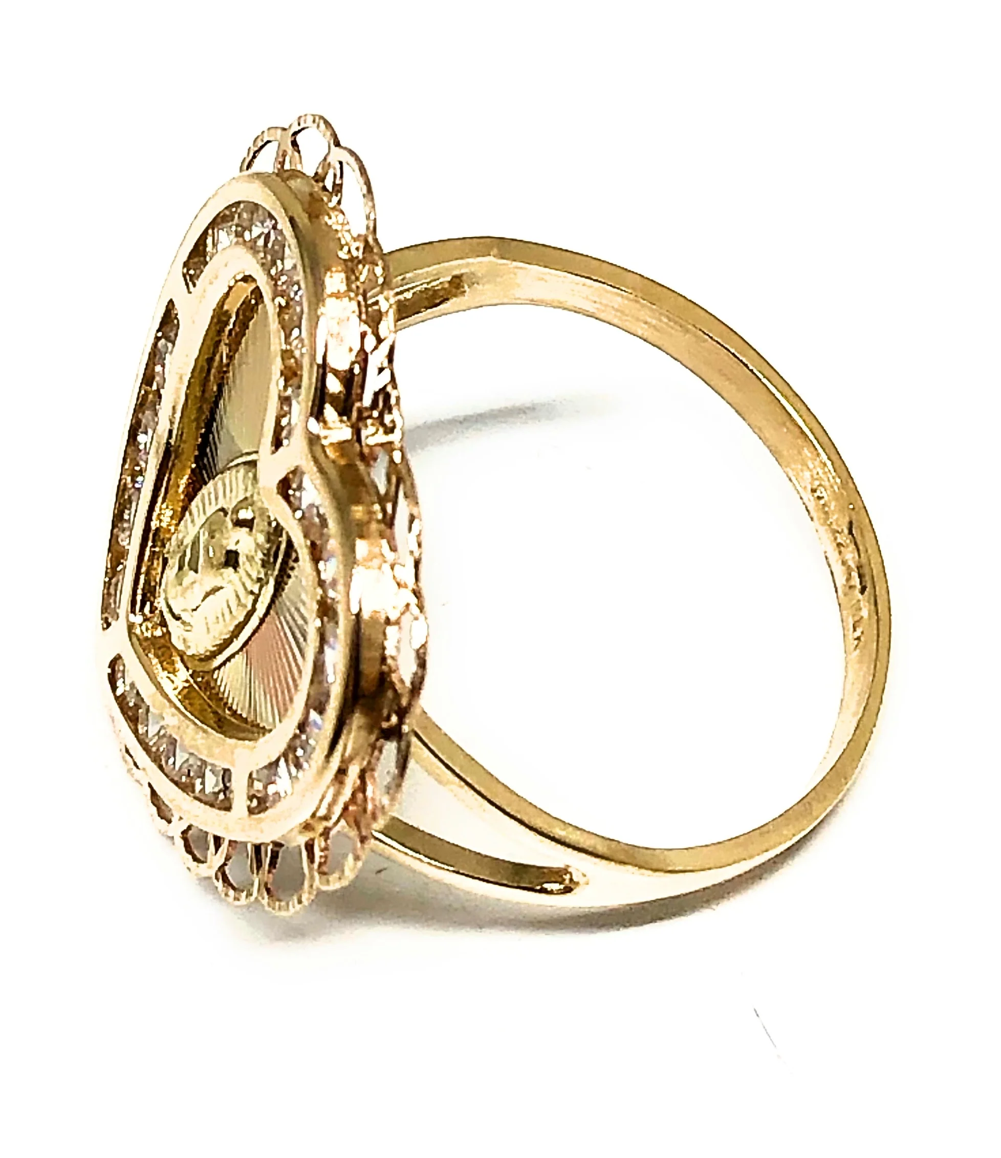 14k Solid Gold Tri-Color Virrgin Mary CZ Heart Ring - Image 3