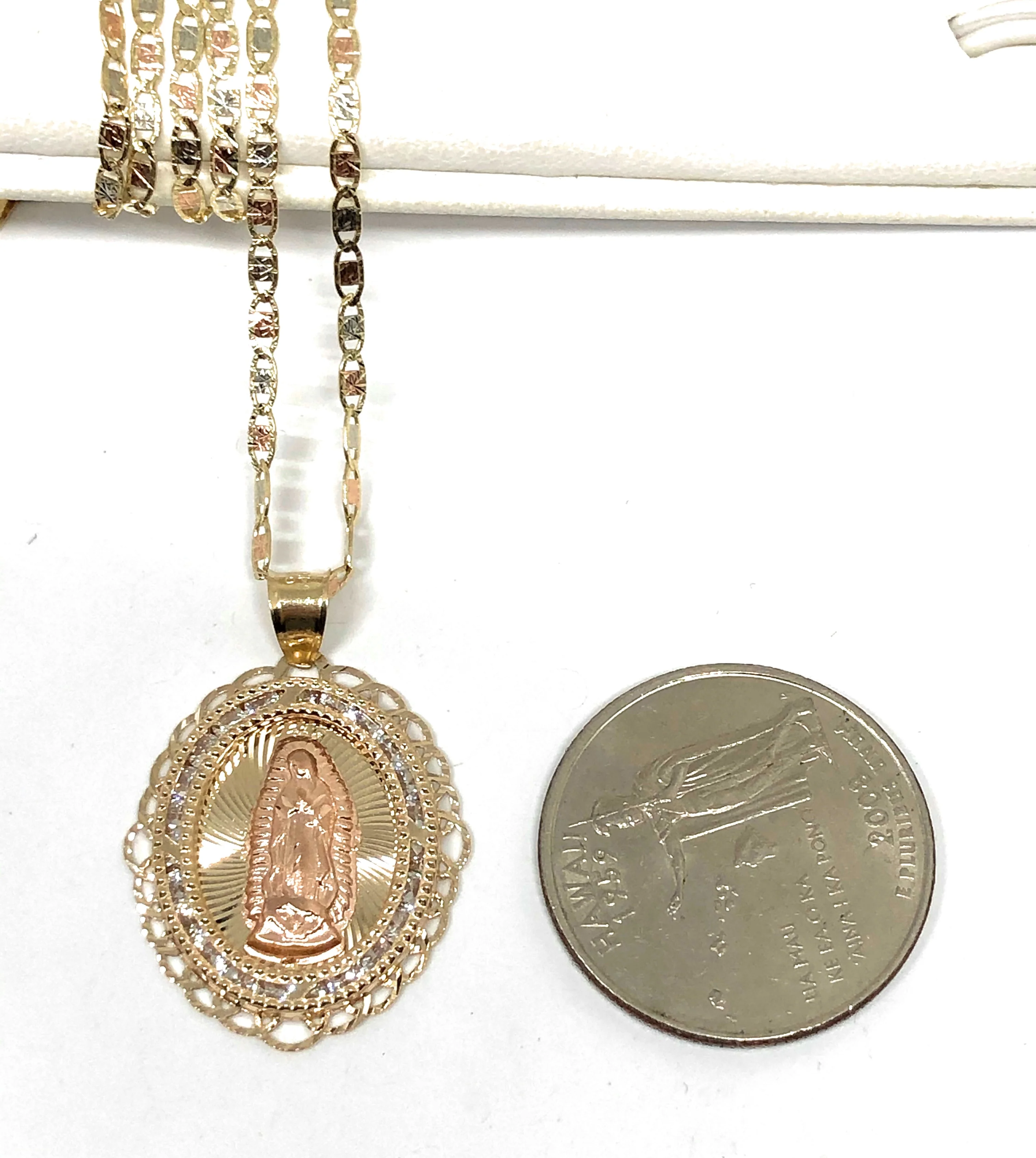 14k Solid Gold Tri-Color Virrgin Mary CZ Pendant Necklace Virrgen Gaudalupe Valentina Chain - Image 2