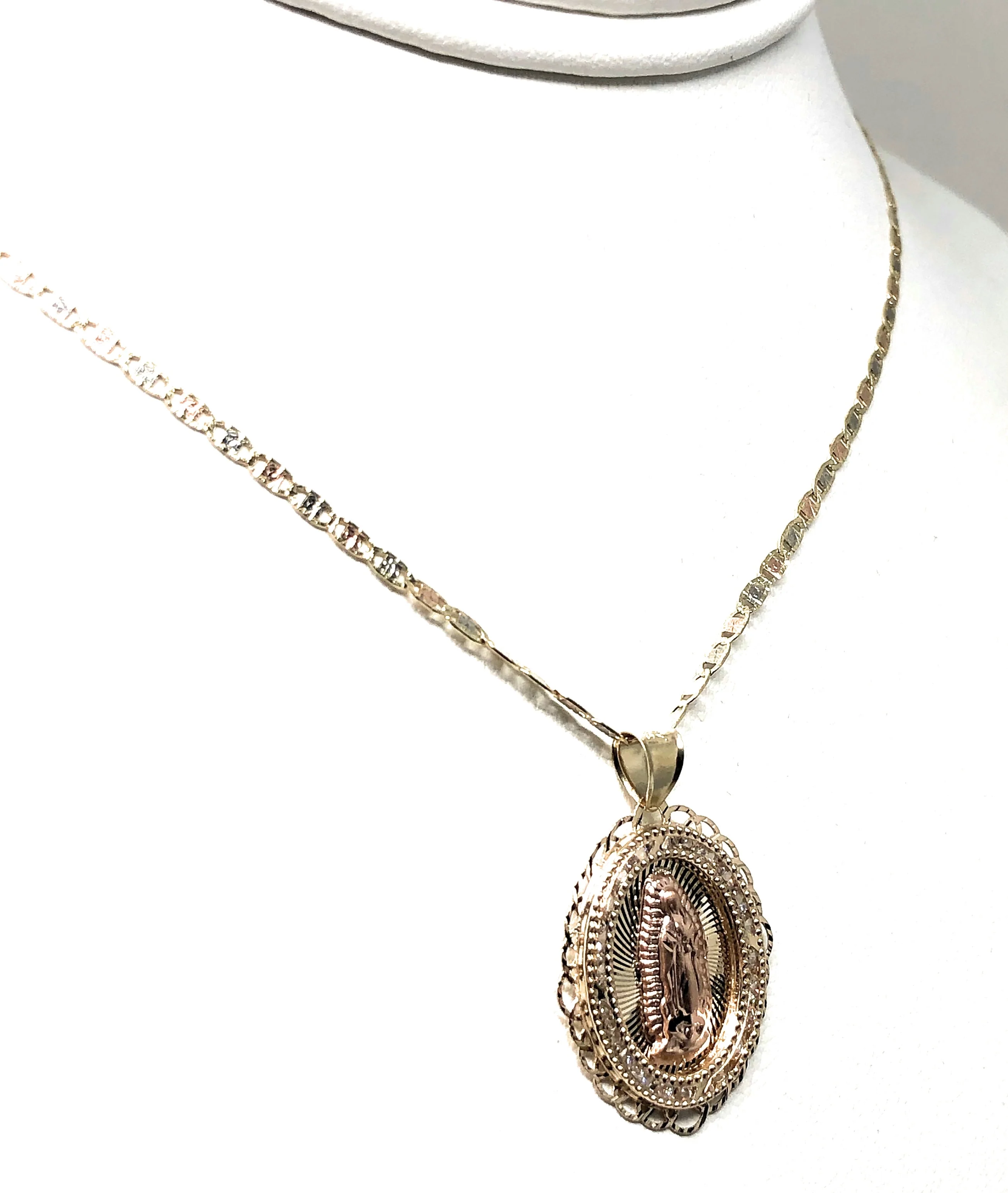 14k Solid Gold Tri-Color Virrgin Mary CZ Pendant Necklace Virrgen Gaudalupe Valentina Chain - Image 6