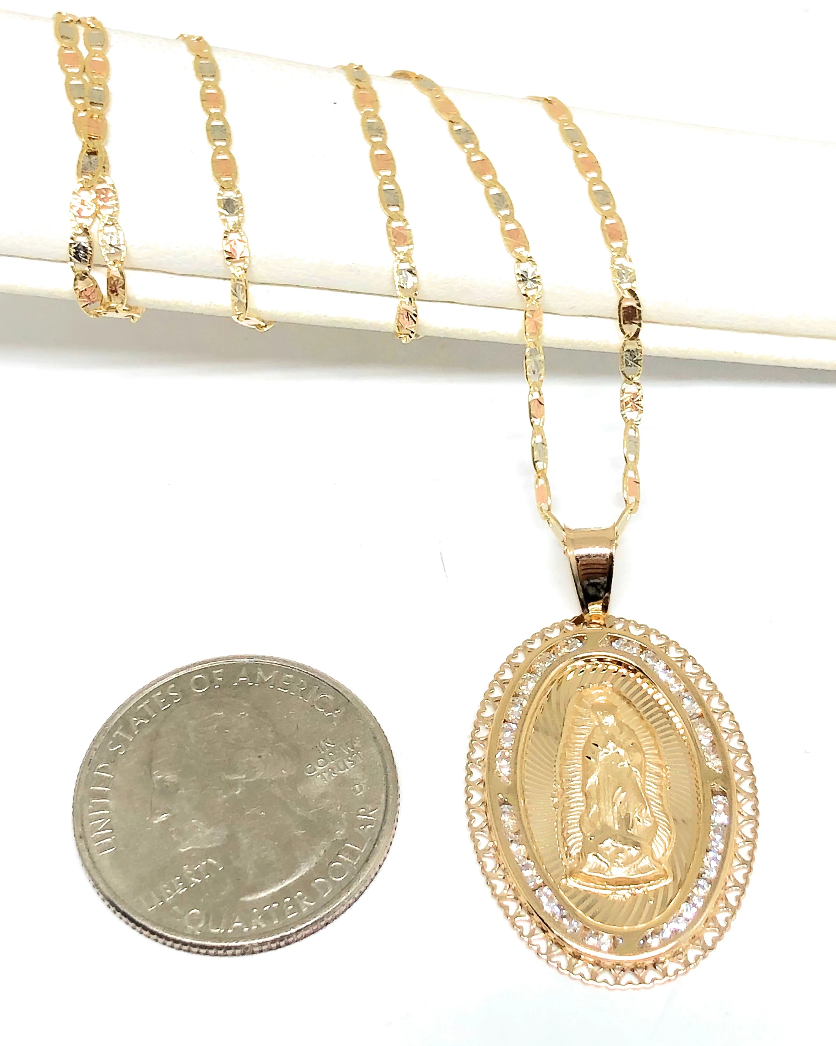 14k Solid Gold Tri-Color Virrgin Mary CZ Pendant Necklace Virrgen Gaudalupe Valentina Chain (LG) - Image 2