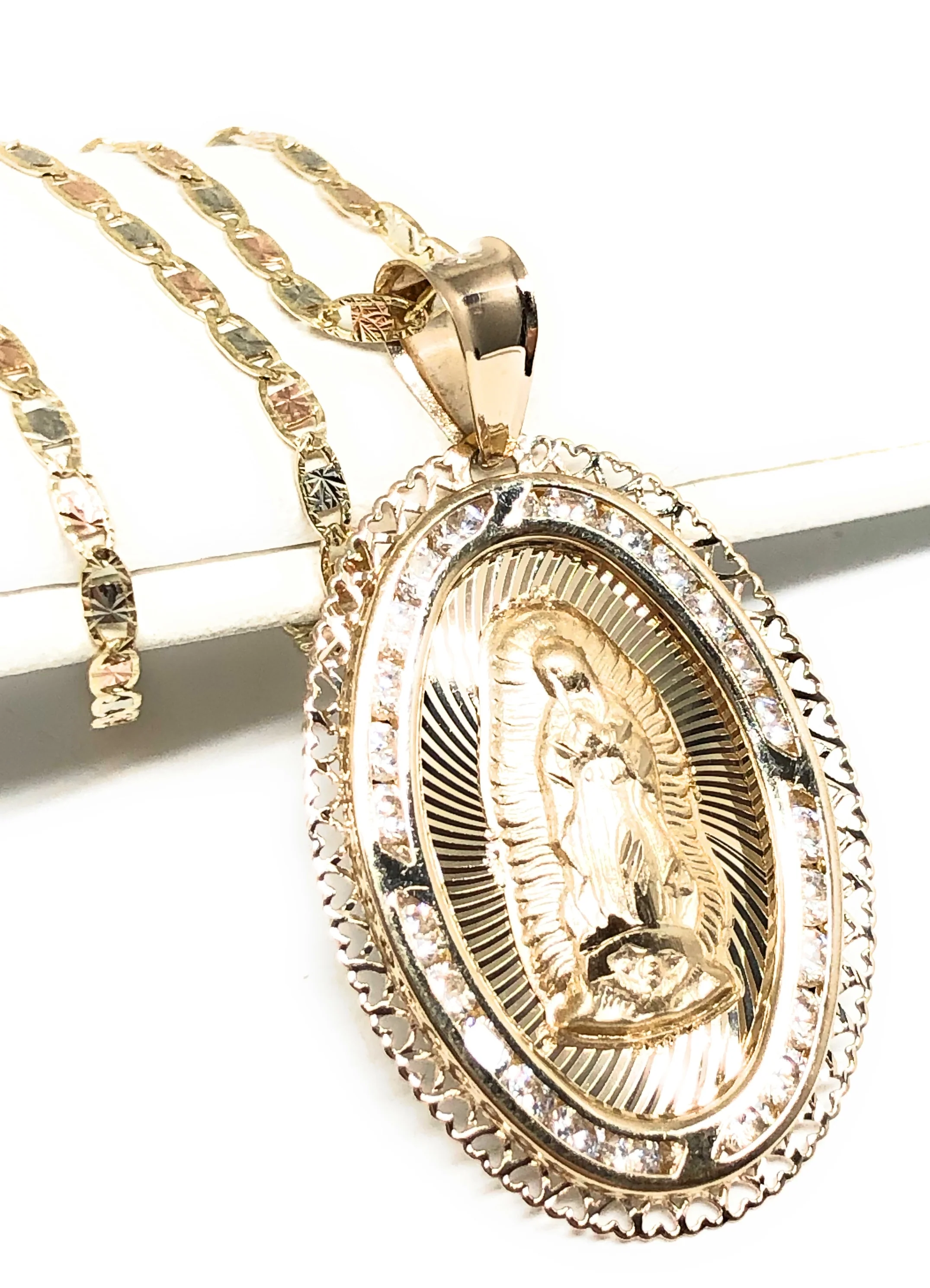 14k Solid Gold Tri-Color Virrgin Mary CZ Pendant Necklace Virrgen Gaudalupe Valentina Chain (LG) - Image 4