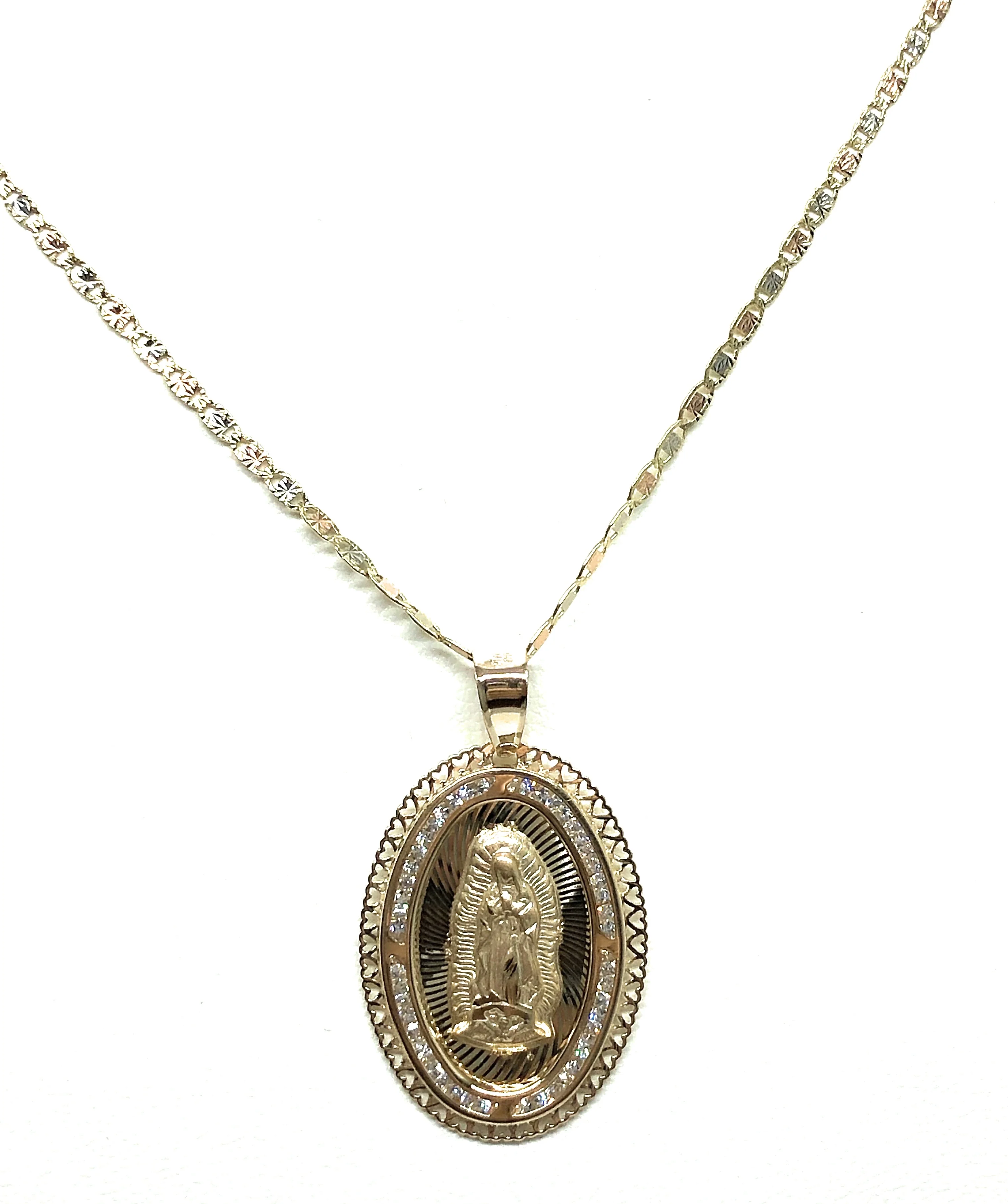 14k Solid Gold Tri-Color Virrgin Mary CZ Pendant Necklace Virrgen Gaudalupe Valentina Chain (LG) - Image 5