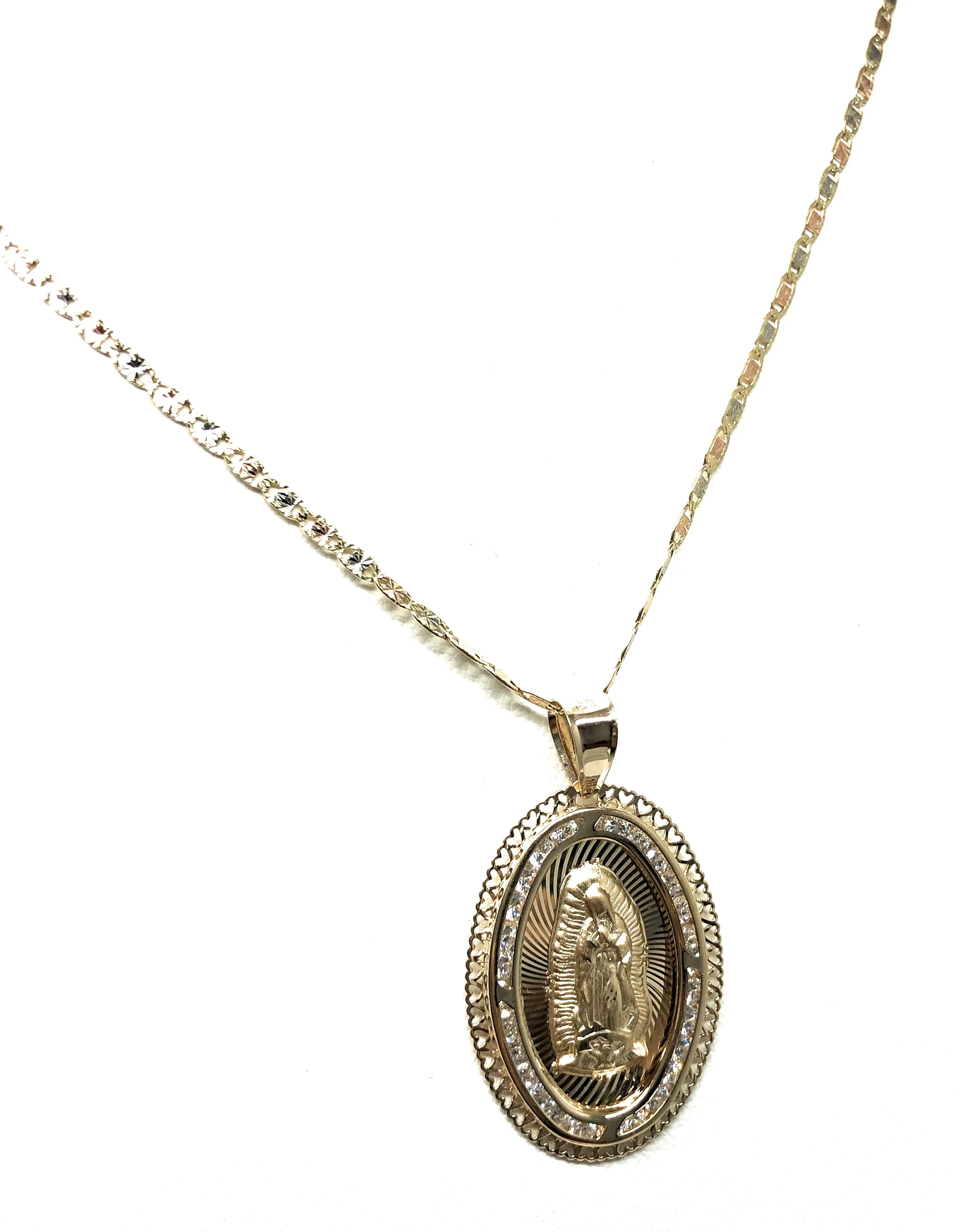 14k Solid Gold Tri-Color Virrgin Mary CZ Pendant Necklace Virrgen Gaudalupe Valentina Chain (LG) - Image 6