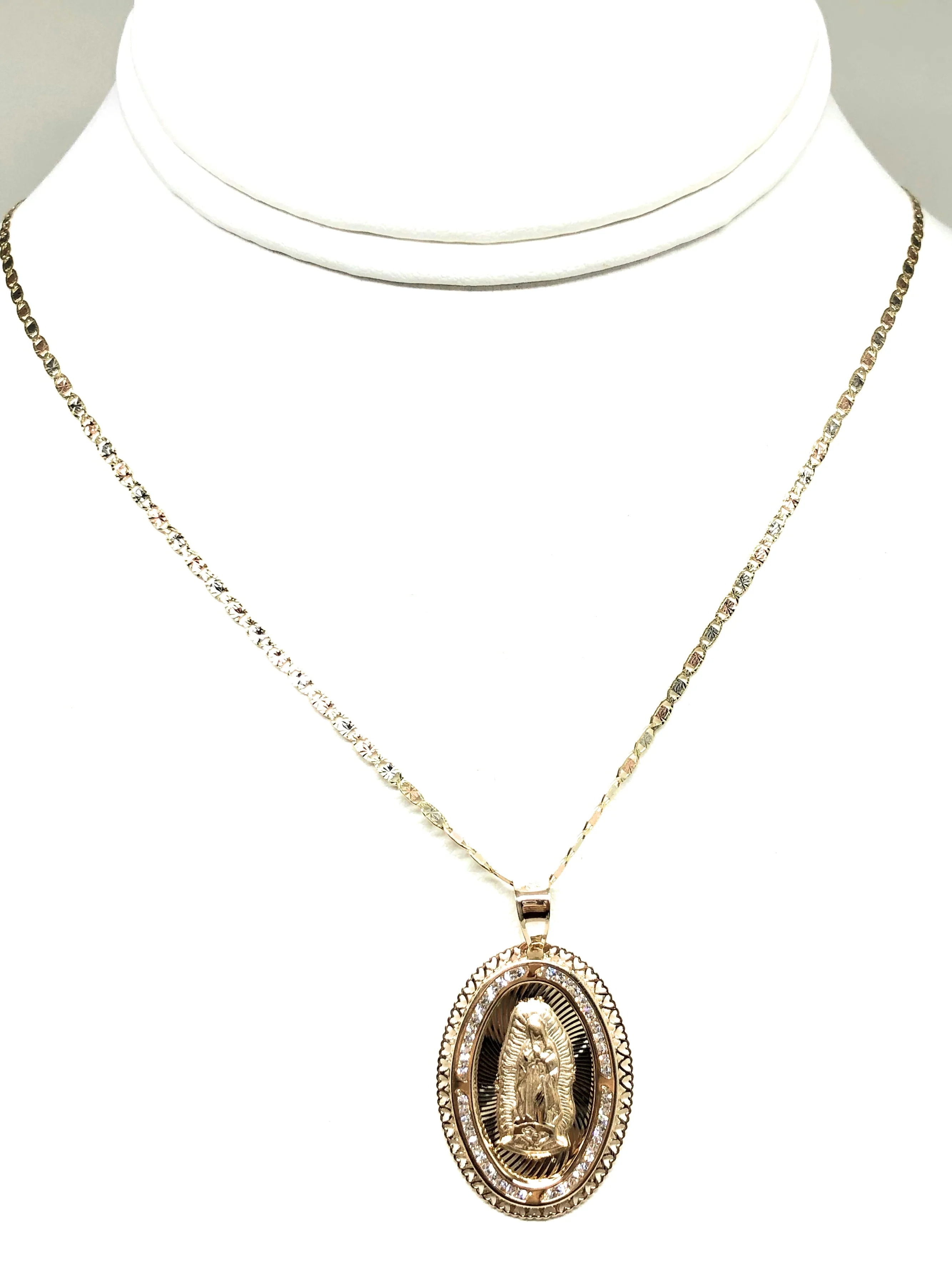 14k Solid Gold Tri-Color Virrgin Mary CZ Pendant Necklace Virrgen Gaudalupe Valentina Chain (LG) - Image 7