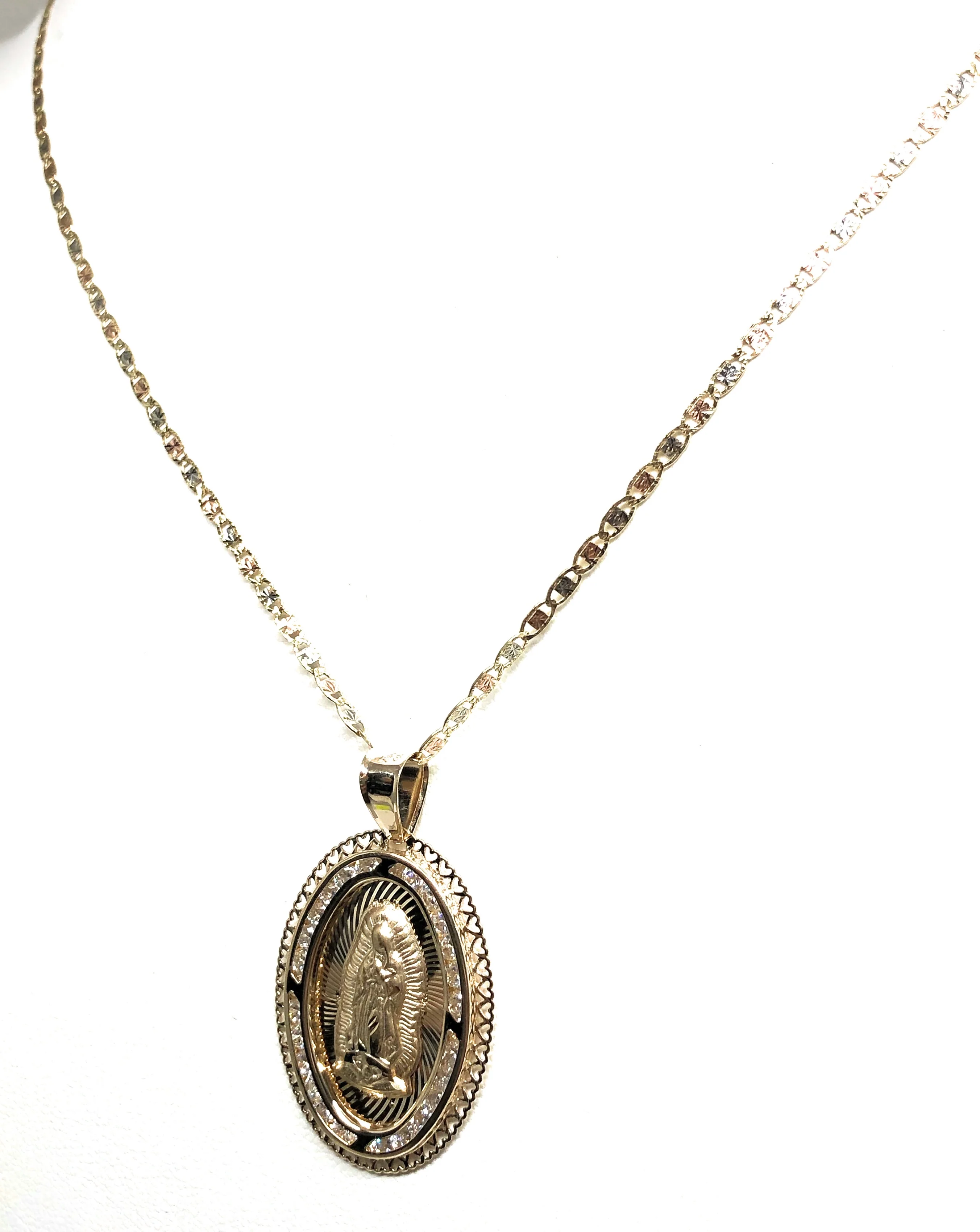 14k Solid Gold Tri-Color Virrgin Mary CZ Pendant Necklace Virrgen Gaudalupe Valentina Chain (LG) - Image 8