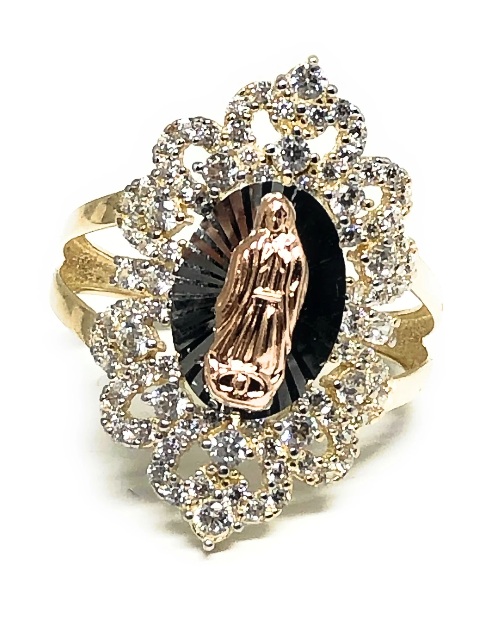 14k Solid Gold Tri-Color Virrgin Mary CZ Ring