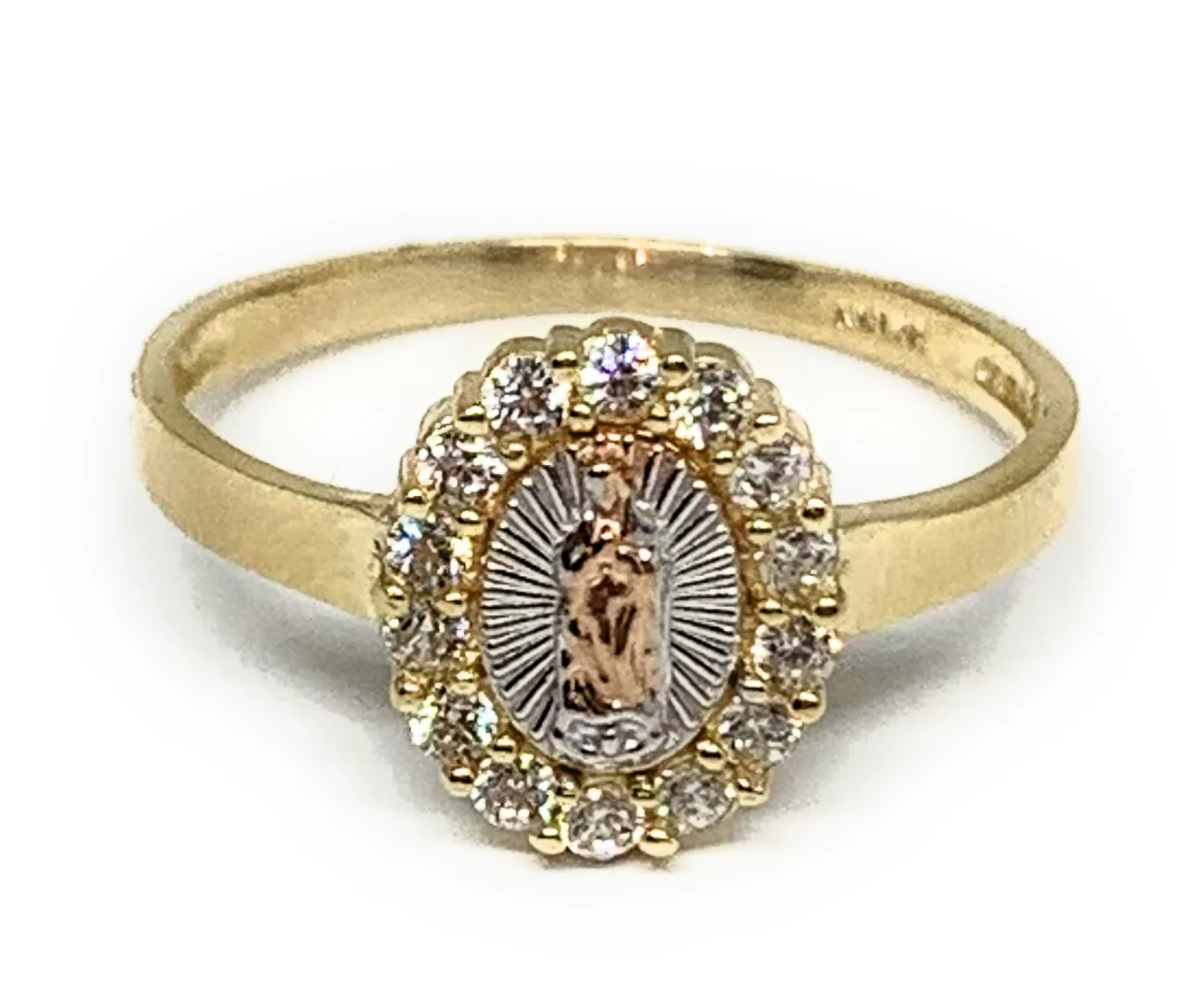 14k Solid Gold Tri-Color Virrgin Mary CZ Ring