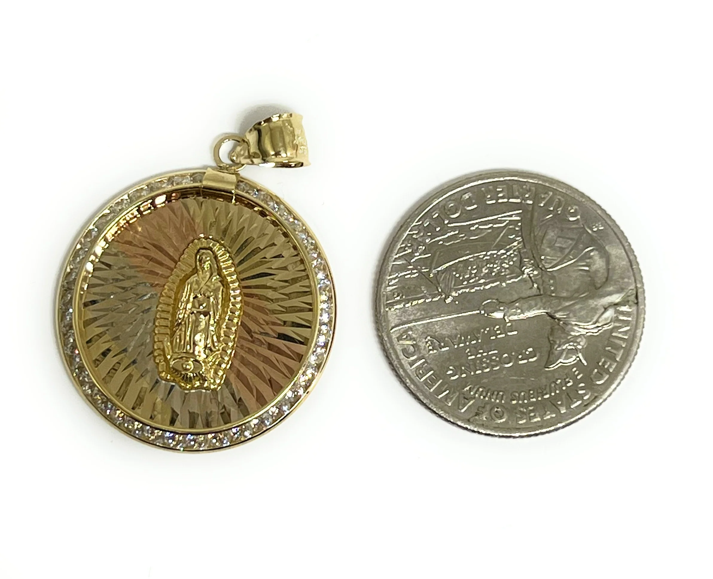 14k Solid Gold Tri-Color Virrgin Mary CZ Round Pendant Necklace Virrgen Gaudalupe (MED) - Image 2