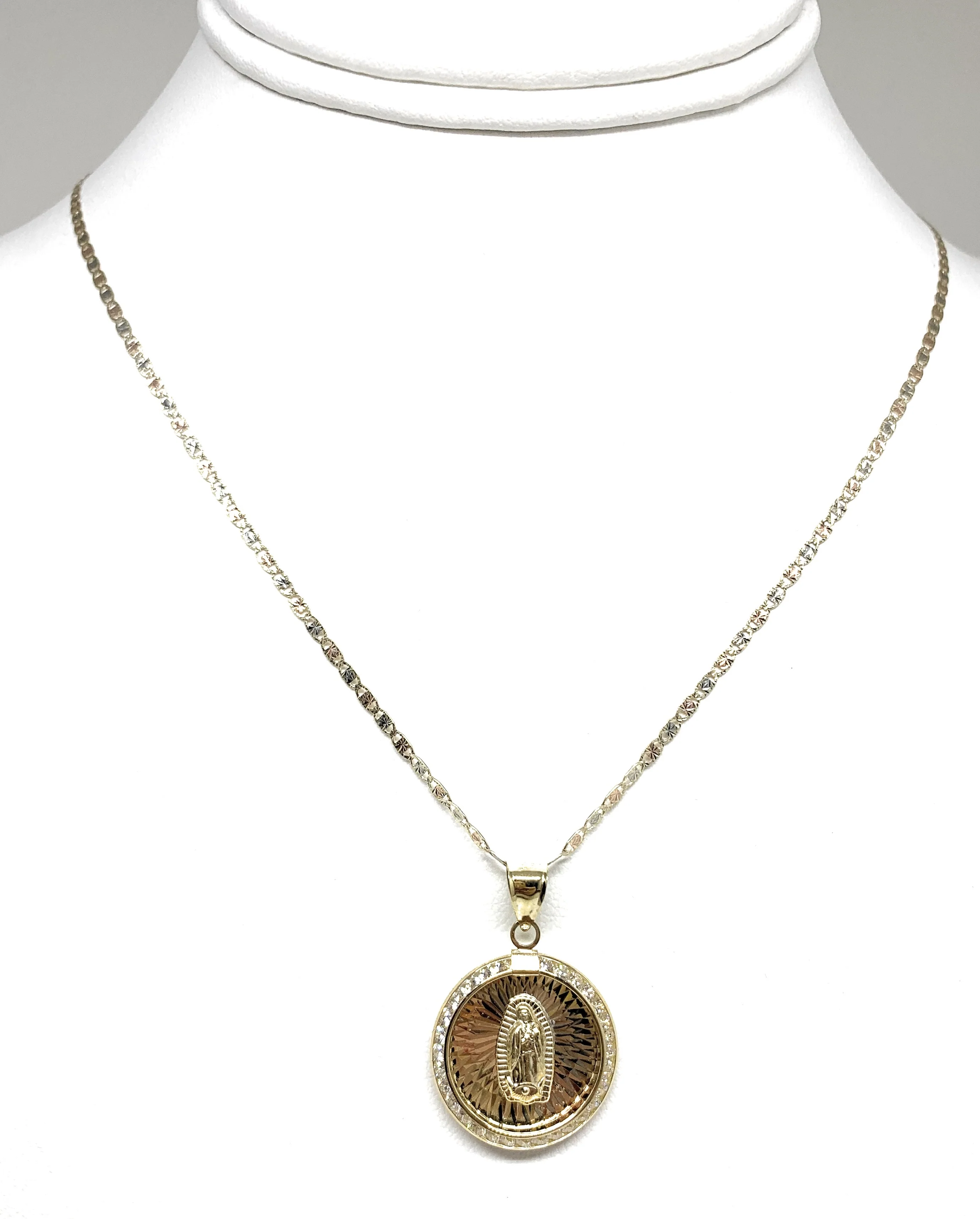 14k Solid Gold Tri-Color Virrgin Mary CZ Round Pendant Necklace Virrgen Gaudalupe (MED) - Image 3
