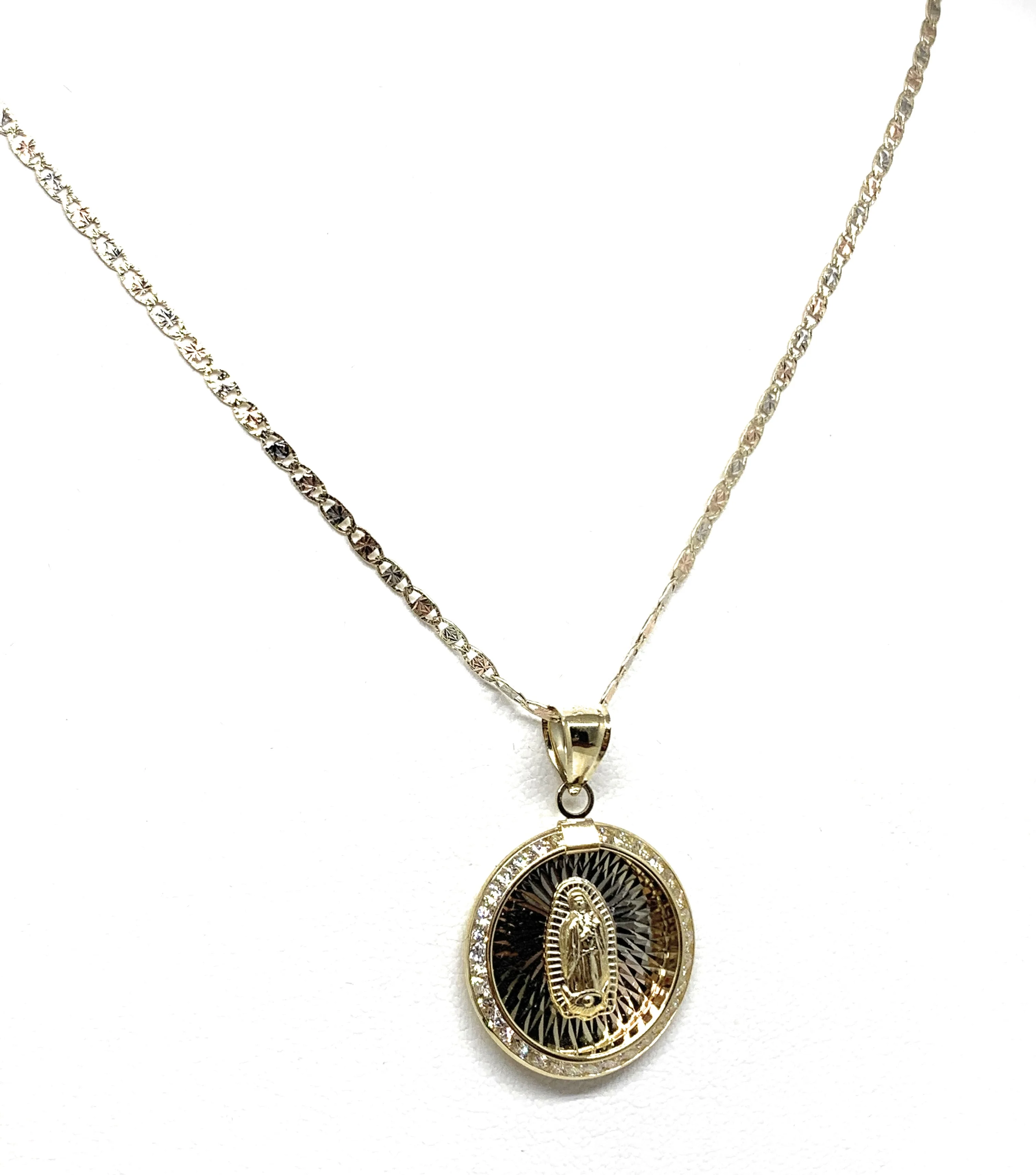14k Solid Gold Tri-Color Virrgin Mary CZ Round Pendant Necklace Virrgen Gaudalupe (MED) - Image 4