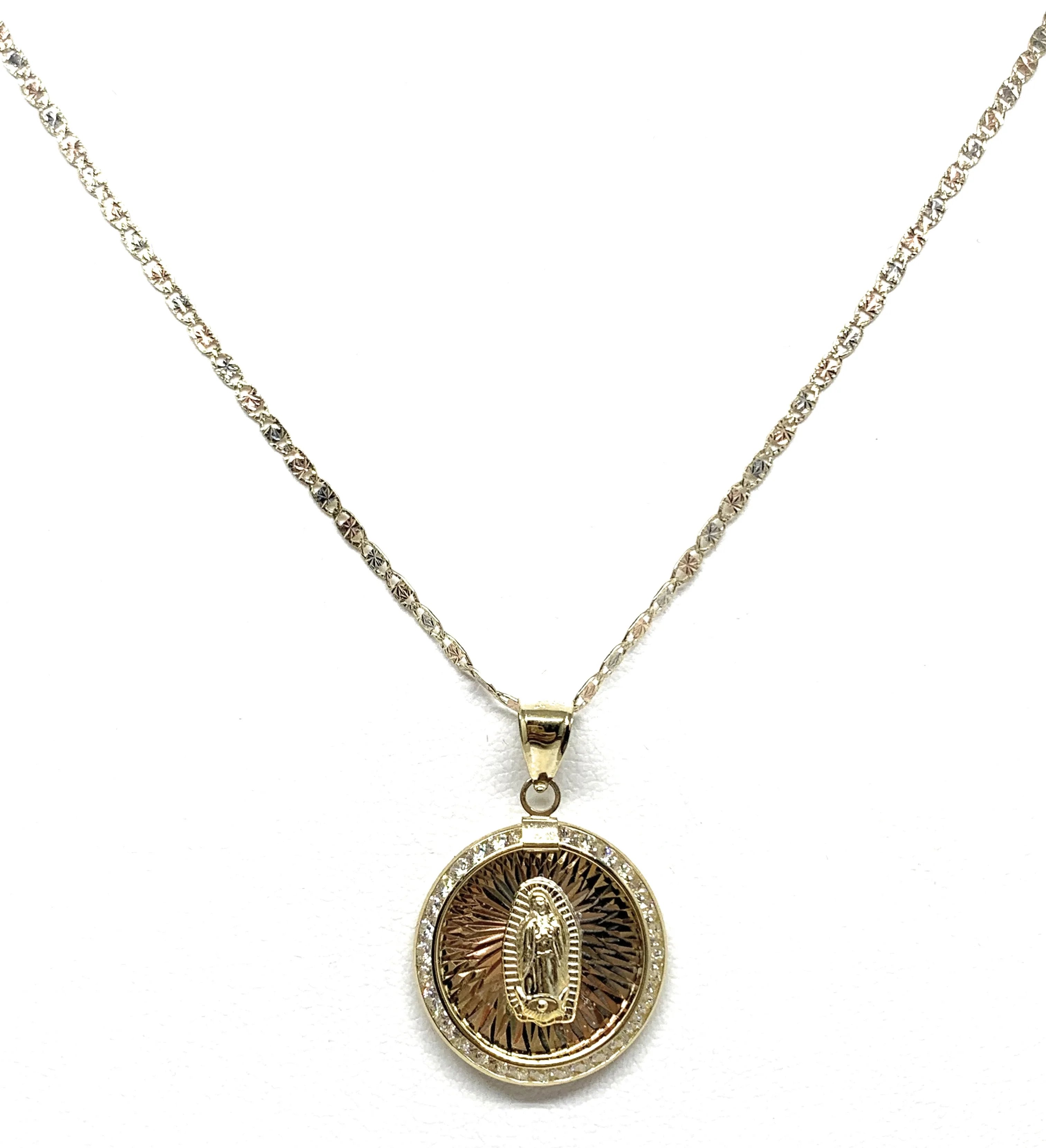 14k Solid Gold Tri-Color Virrgin Mary CZ Round Pendant Necklace Virrgen Gaudalupe (MED) - Image 5