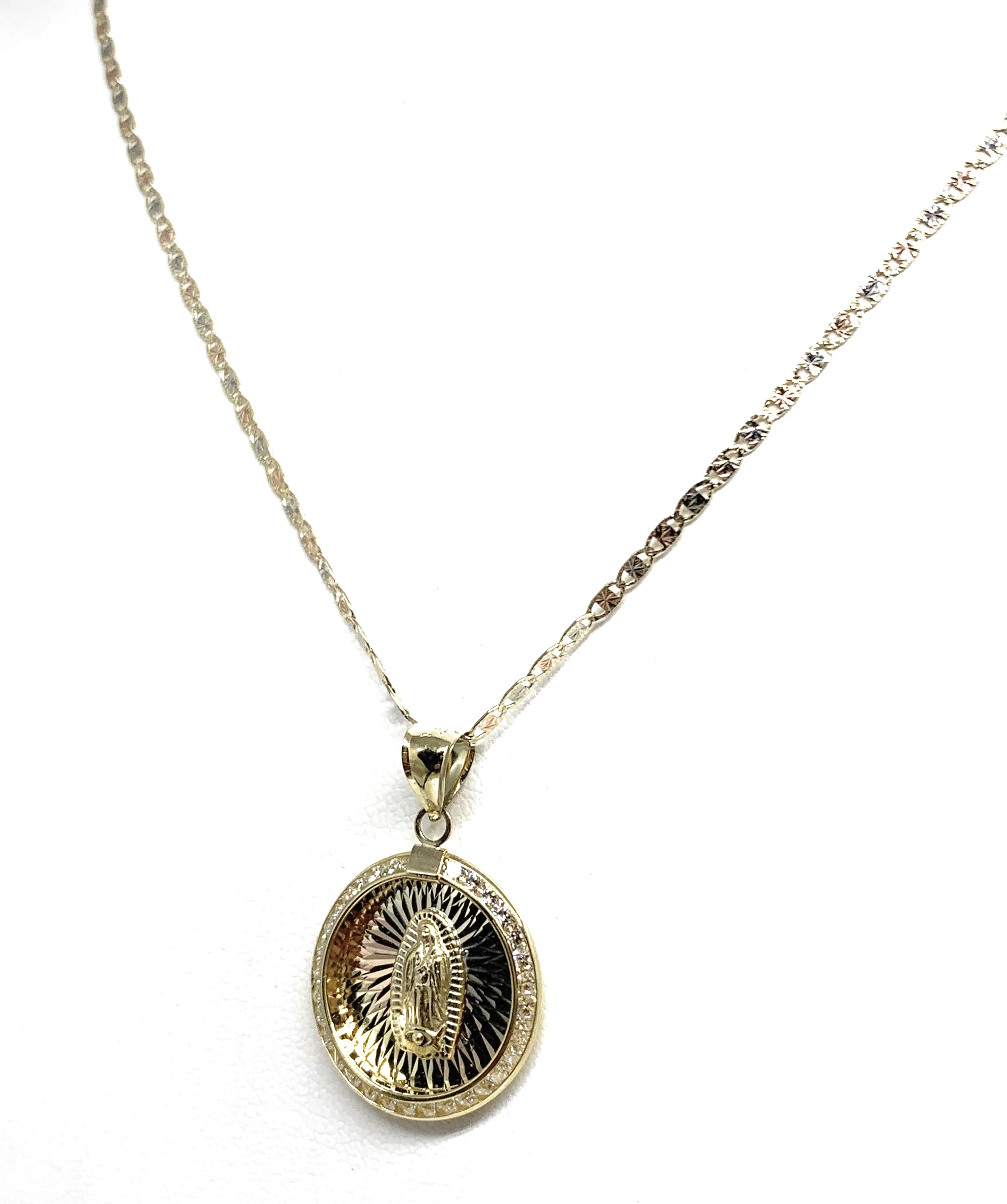 14k Solid Gold Tri-Color Virrgin Mary CZ Round Pendant Necklace Virrgen Gaudalupe (MED) - Image 6