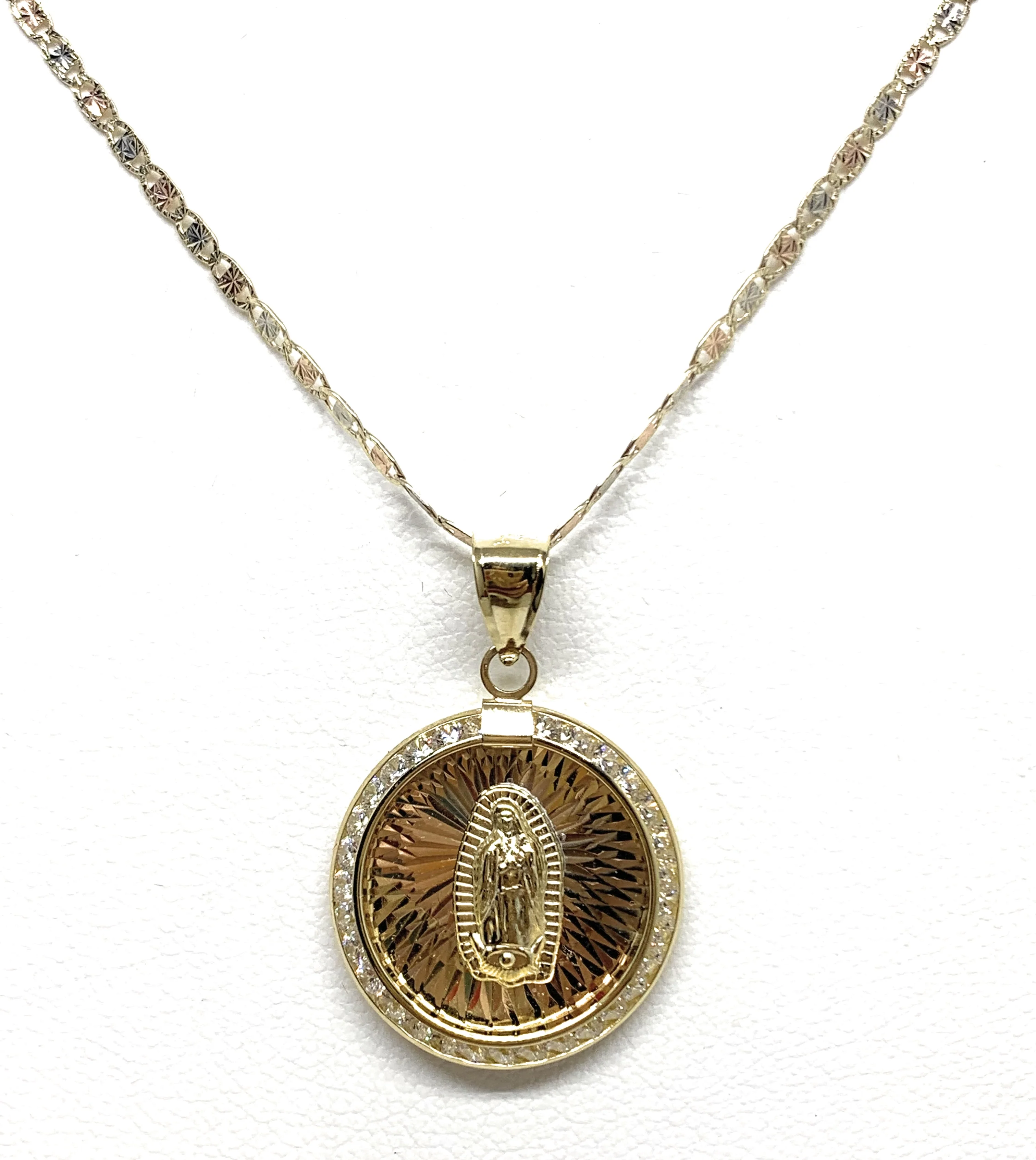 14k Solid Gold Tri-Color Virrgin Mary CZ Round Pendant Necklace Virrgen Gaudalupe (MED) - Image 7