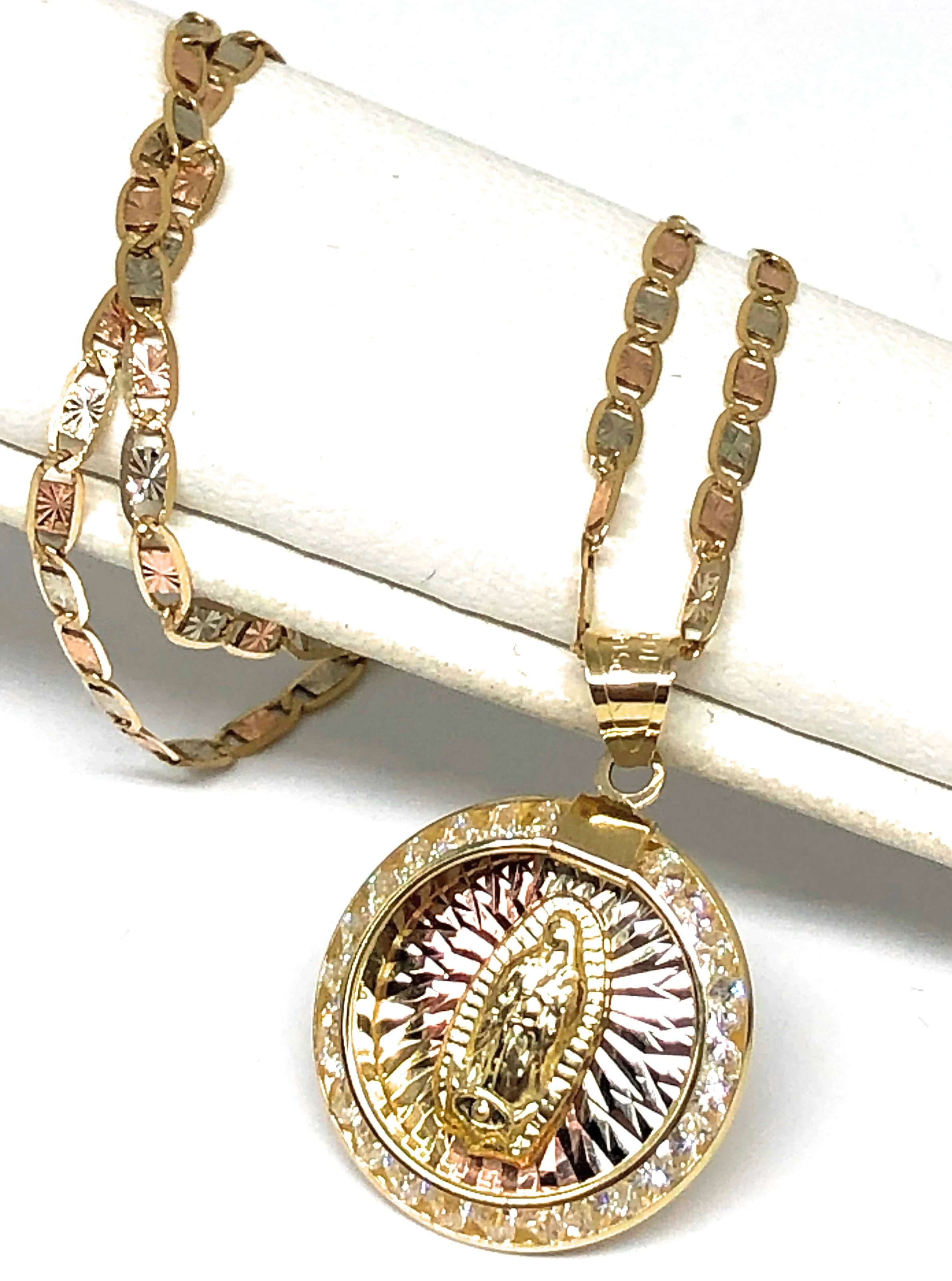 14k Solid Gold Tri-Color Virrgin Mary CZ Round Pendant Necklace Virrgen Gaudalupe (SMALL) - Image 3